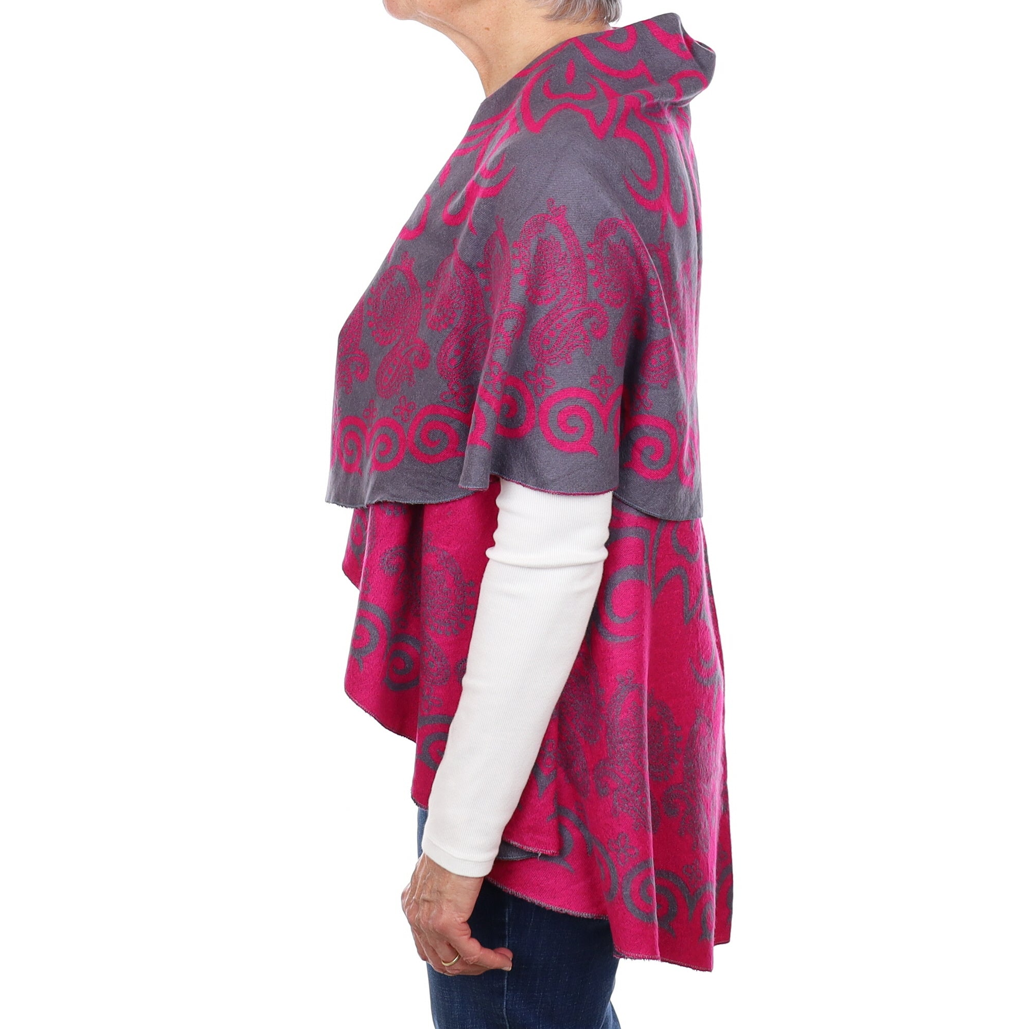 Hot Pink and Steel Grey Patterned Cashmere Cloak One Size