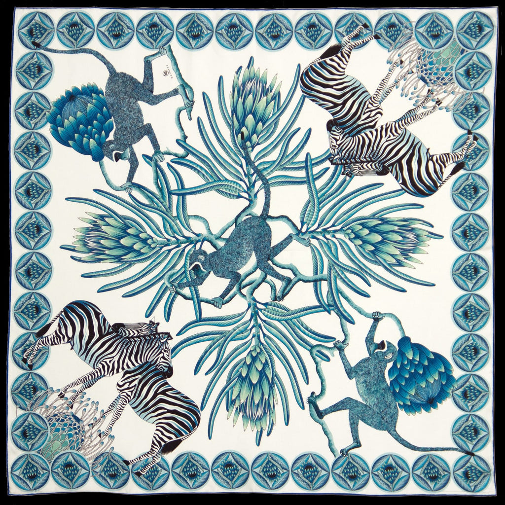 Brand New Bellezza Blue & Green Zebra Design Double Faced Silk Scarf Extra Large