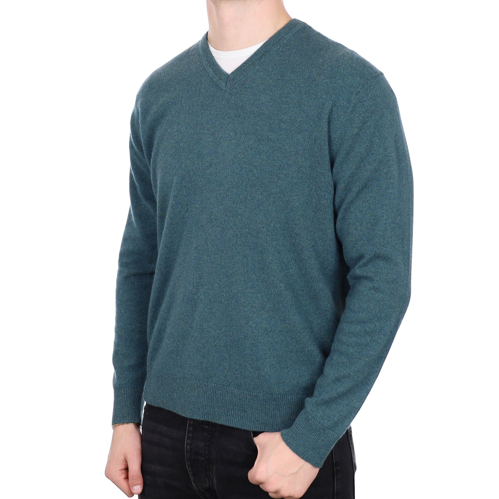 Men's Spruce Green Cashmere V Neck Jumper XL