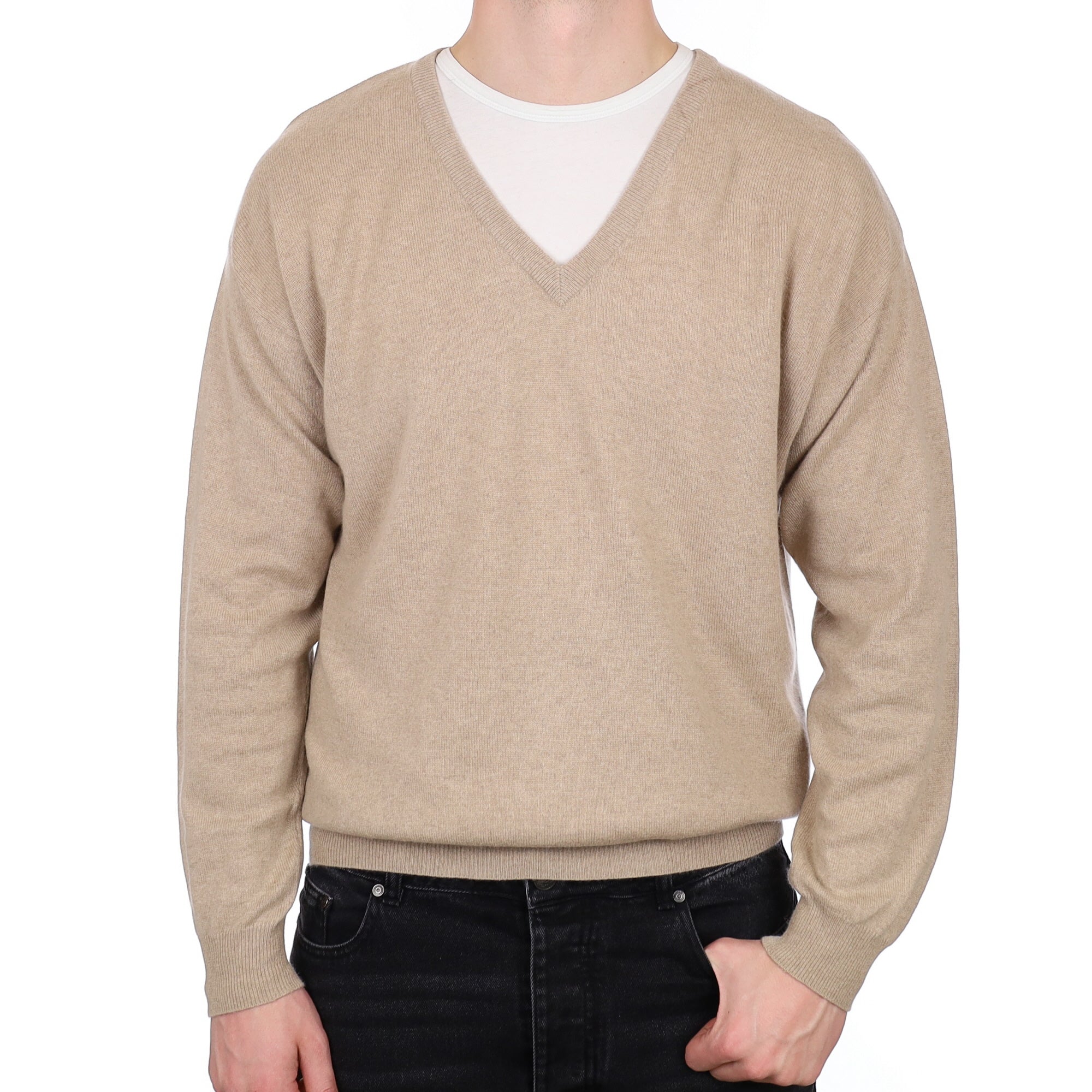 Men's Sand Beige Cashmere V Neck Jumper XL