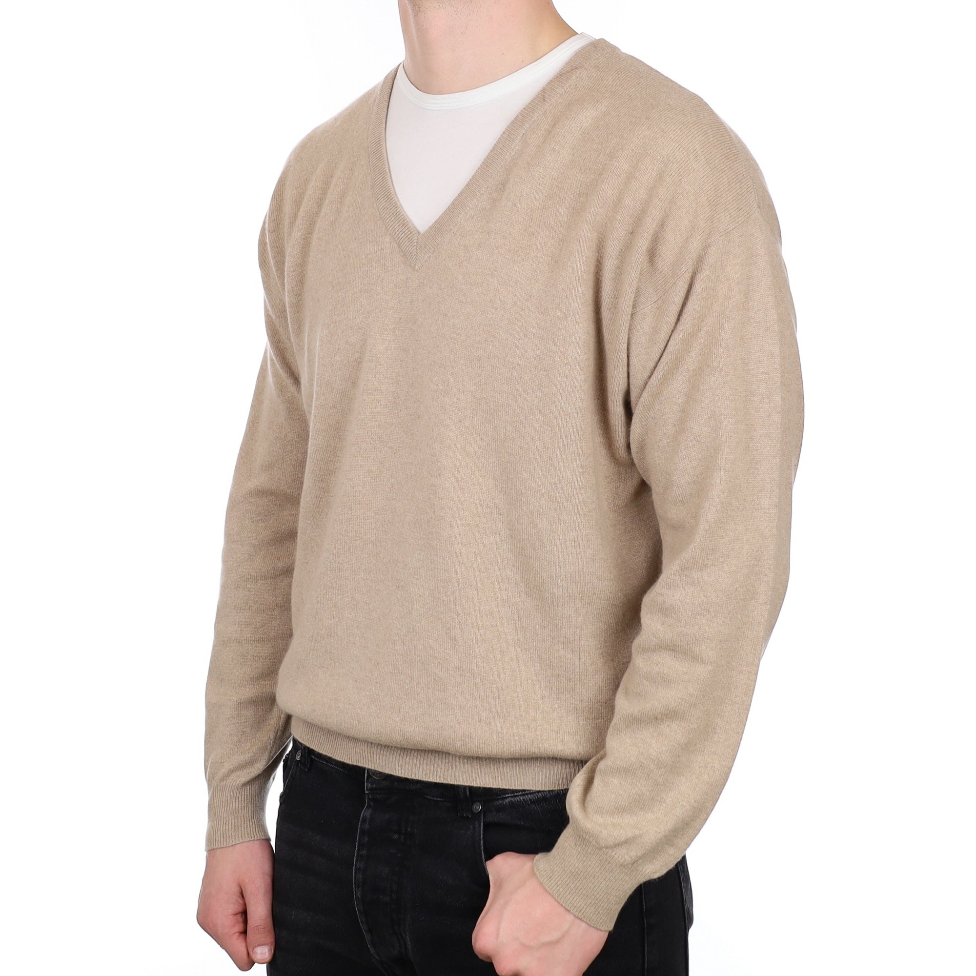 Men's Sand Beige Cashmere V Neck Jumper XL