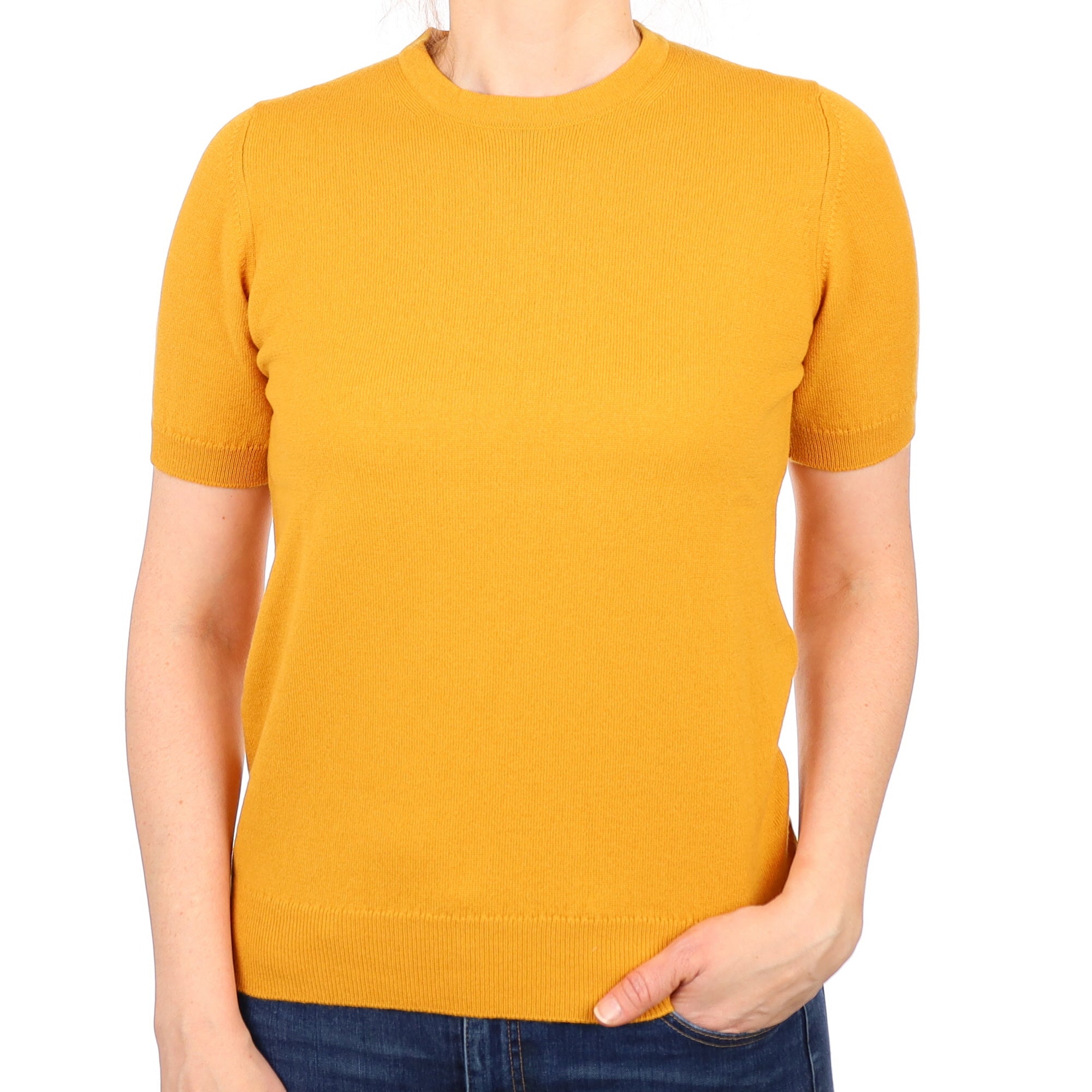 Brand New Scottish Amber Yellow Short Sleeved Cashmere Crew Neck Jumper Small
