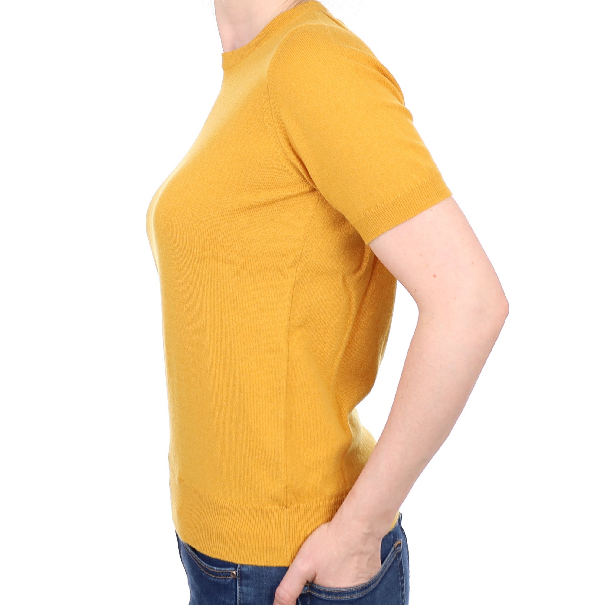 Brand New Scottish Amber Yellow Short Sleeved Cashmere Crew Neck Jumper Small