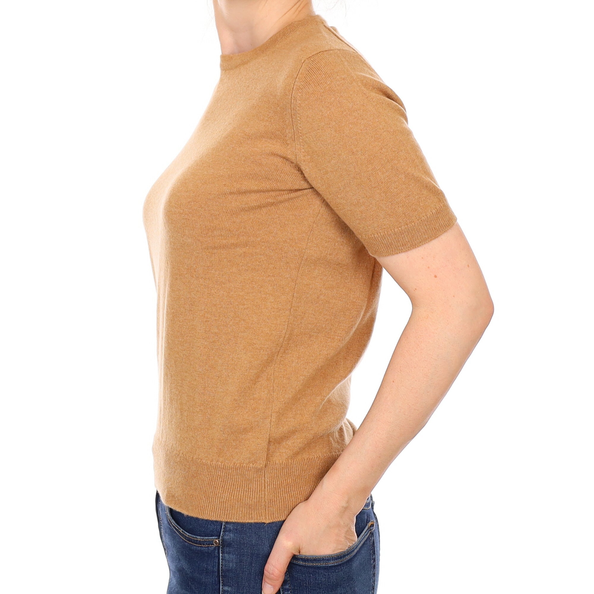 Brand New Scottish Caramel Brown Short Sleeved Cashmere Crew Neck Jumper Small