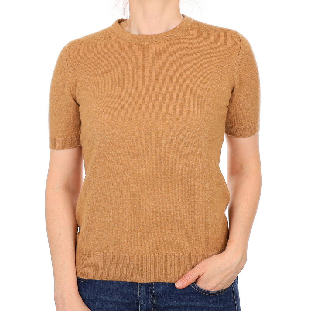 Brand New Scottish Caramel Brown Short Sleeved Cashmere Crew Neck Jumper Small