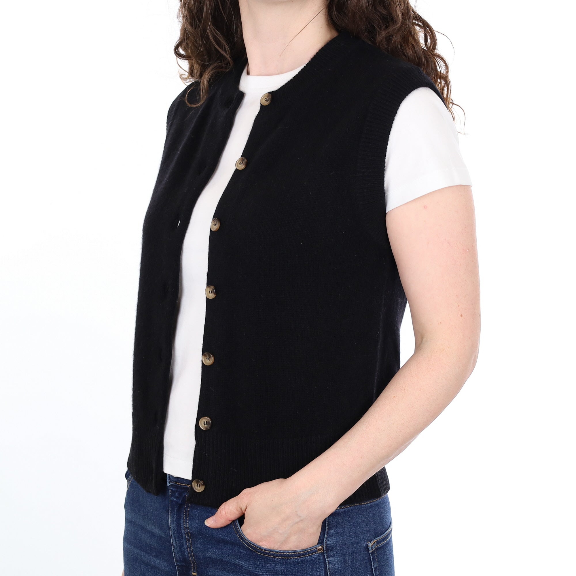 Brand New Black Luxury Cashmere Crew Neck Waistcoat Small UK 8-10