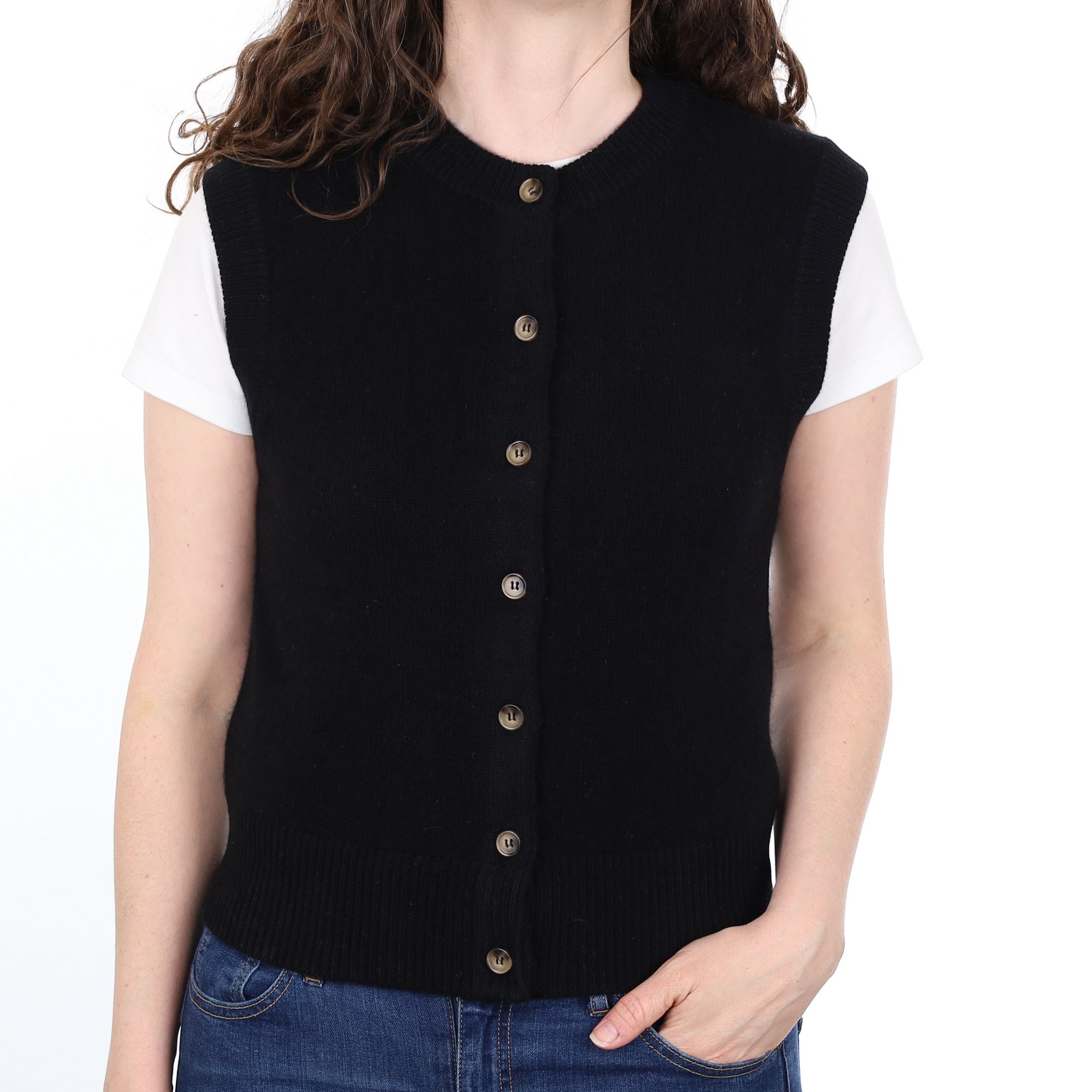 Brand New Black Luxury Cashmere Crew Neck Waistcoat Small UK 8-10