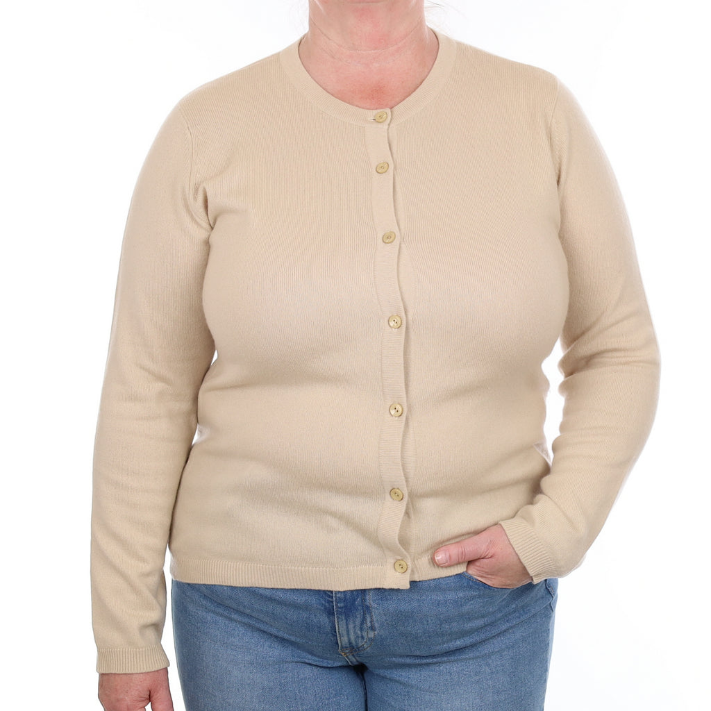 Light Beige Cashmere Crew Neck Cardigan Extra Large
