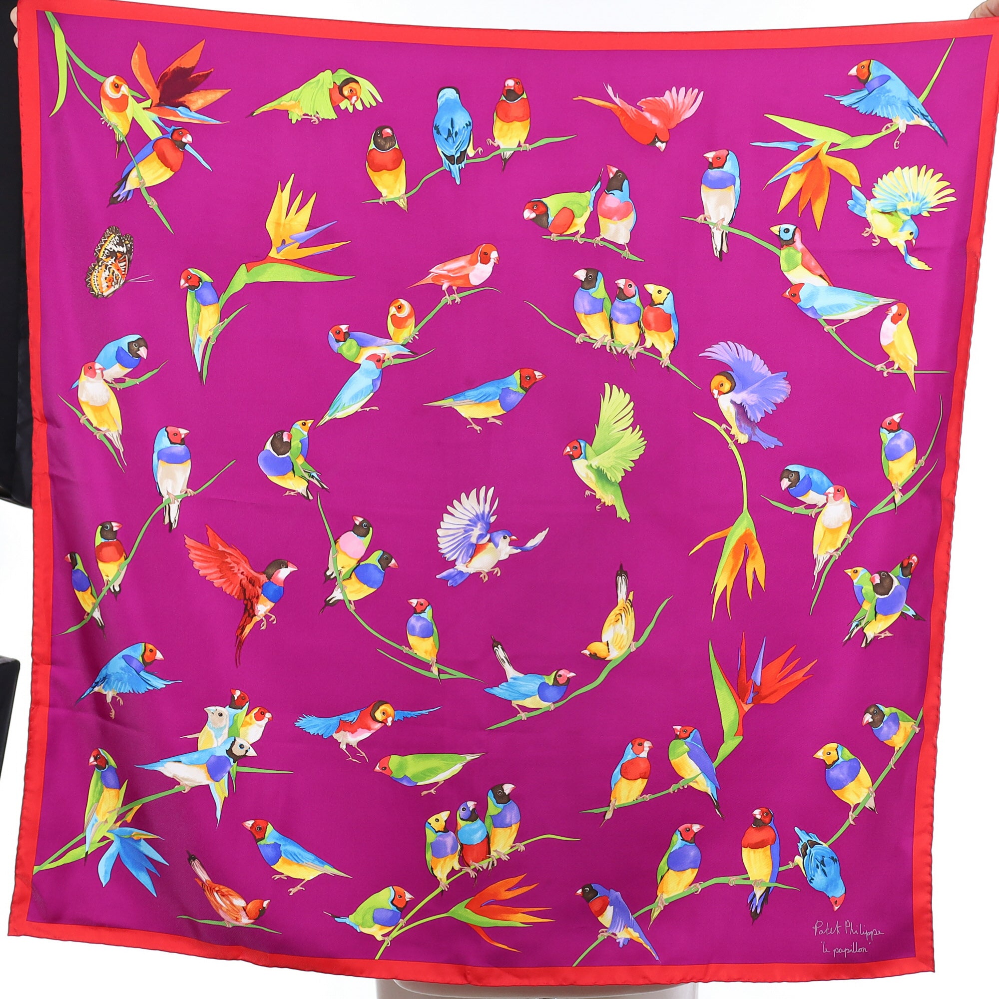 Brand New Boxed Patek Philippe Magenta Birds Silk Scarf