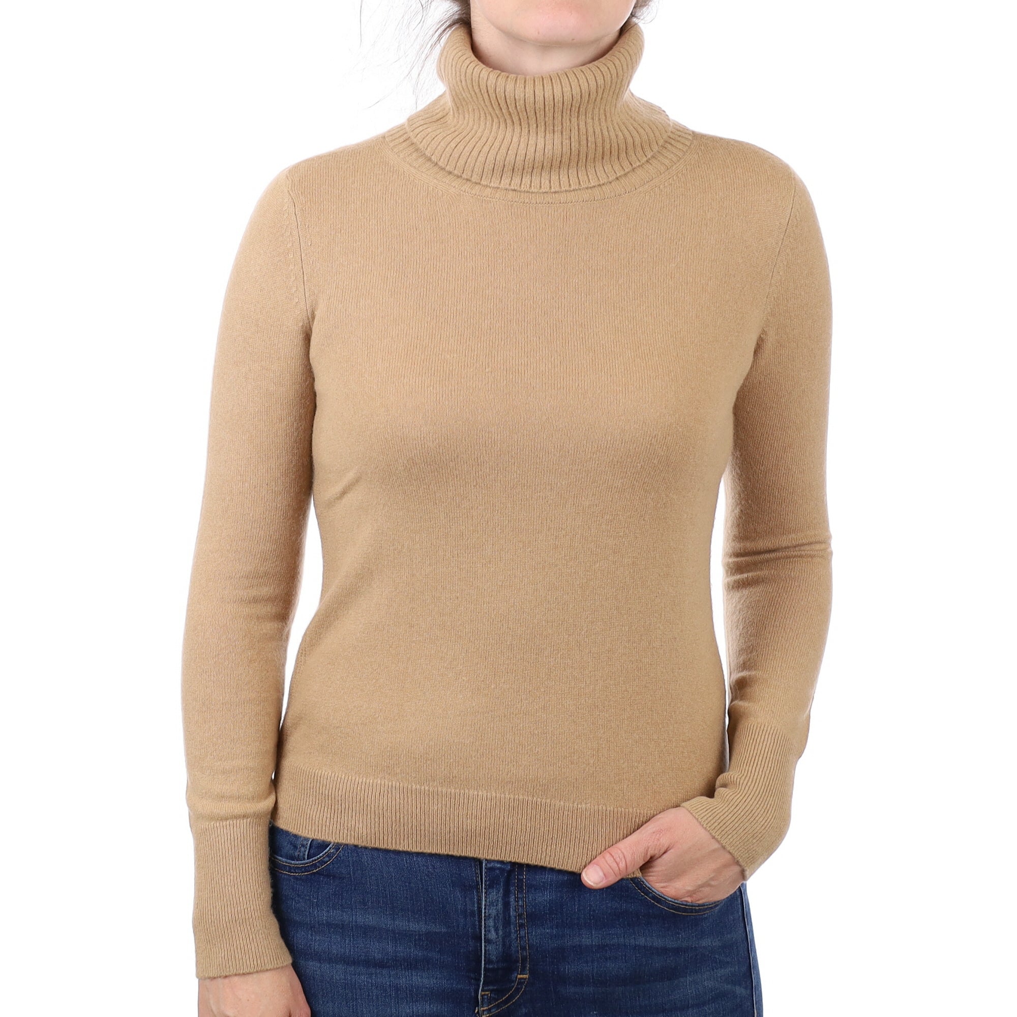 Camel Brown Cashmere Polo Neck Jumper Small