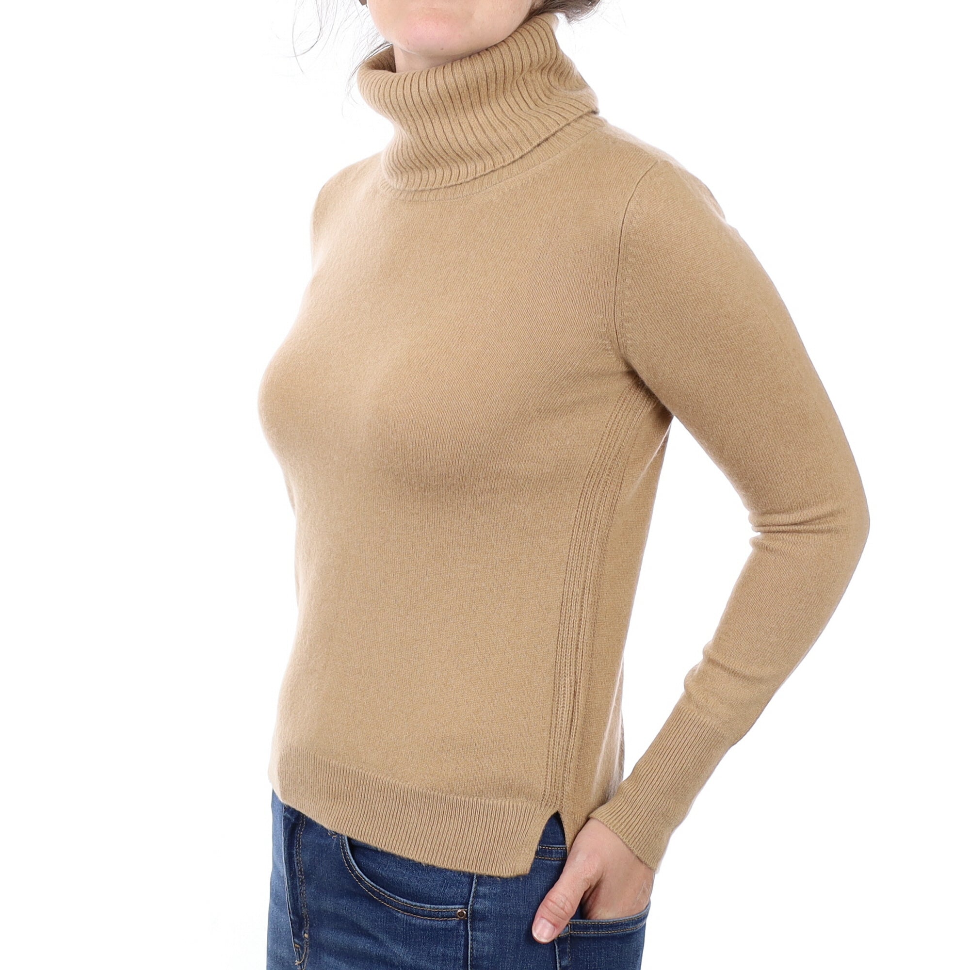 Camel Brown Cashmere Polo Neck Jumper Small