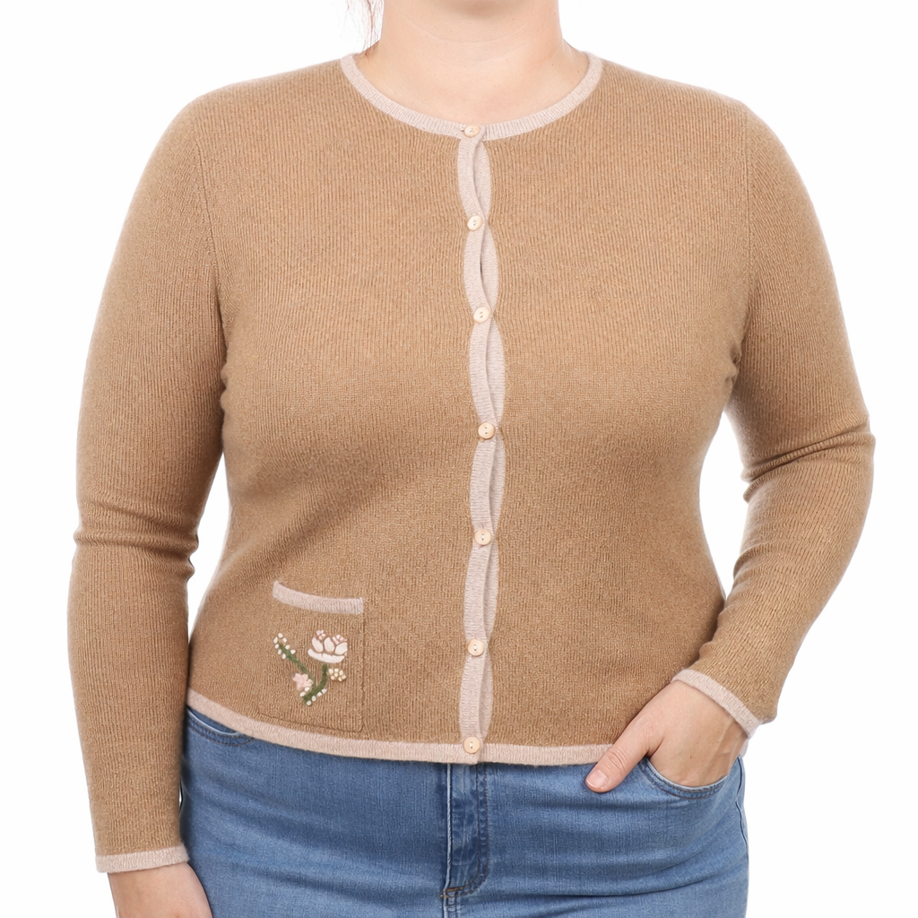 Caramel Cashmere Crew Neck Cardigan With Pocket Large