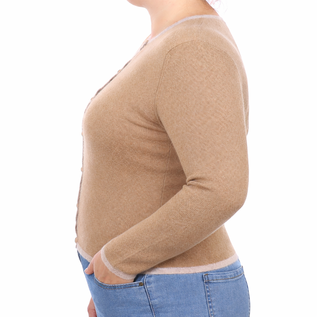 Caramel Cashmere Crew Neck Cardigan With Pocket Large