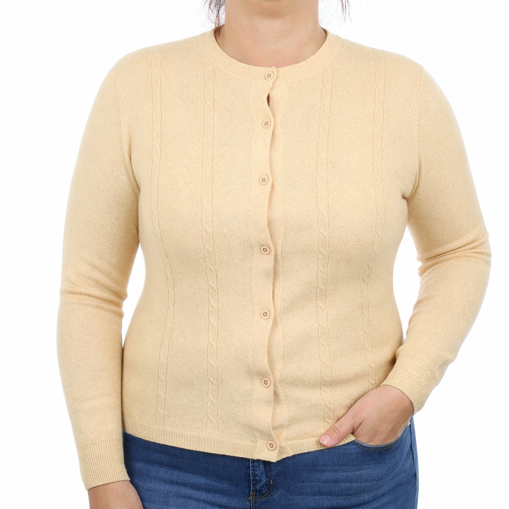 Pale Apricot Cable Detail Cashmere Crew Neck Cardigan Large