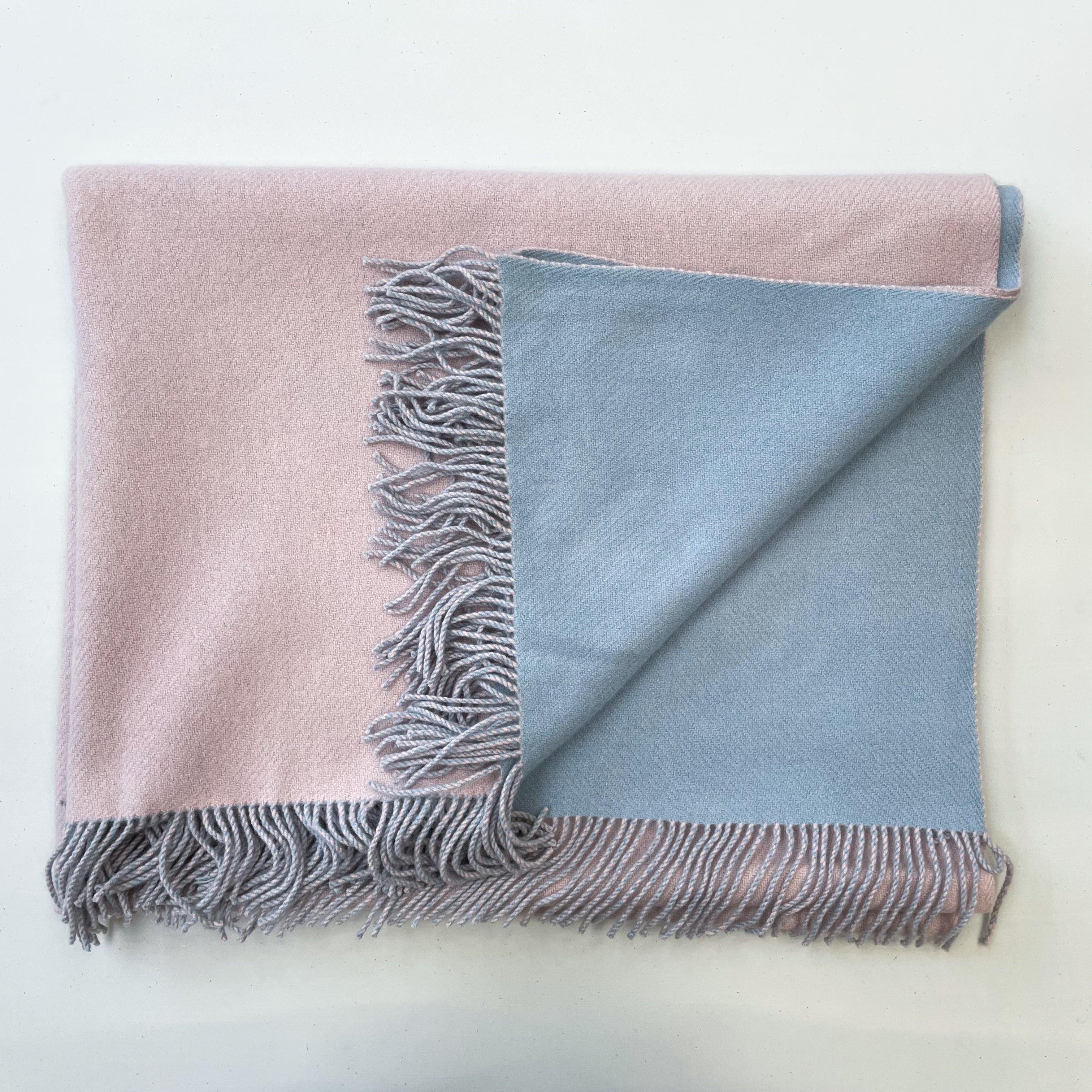 Sky Blue and Shell Pink Cashmere Fringed Woven Blanket Small