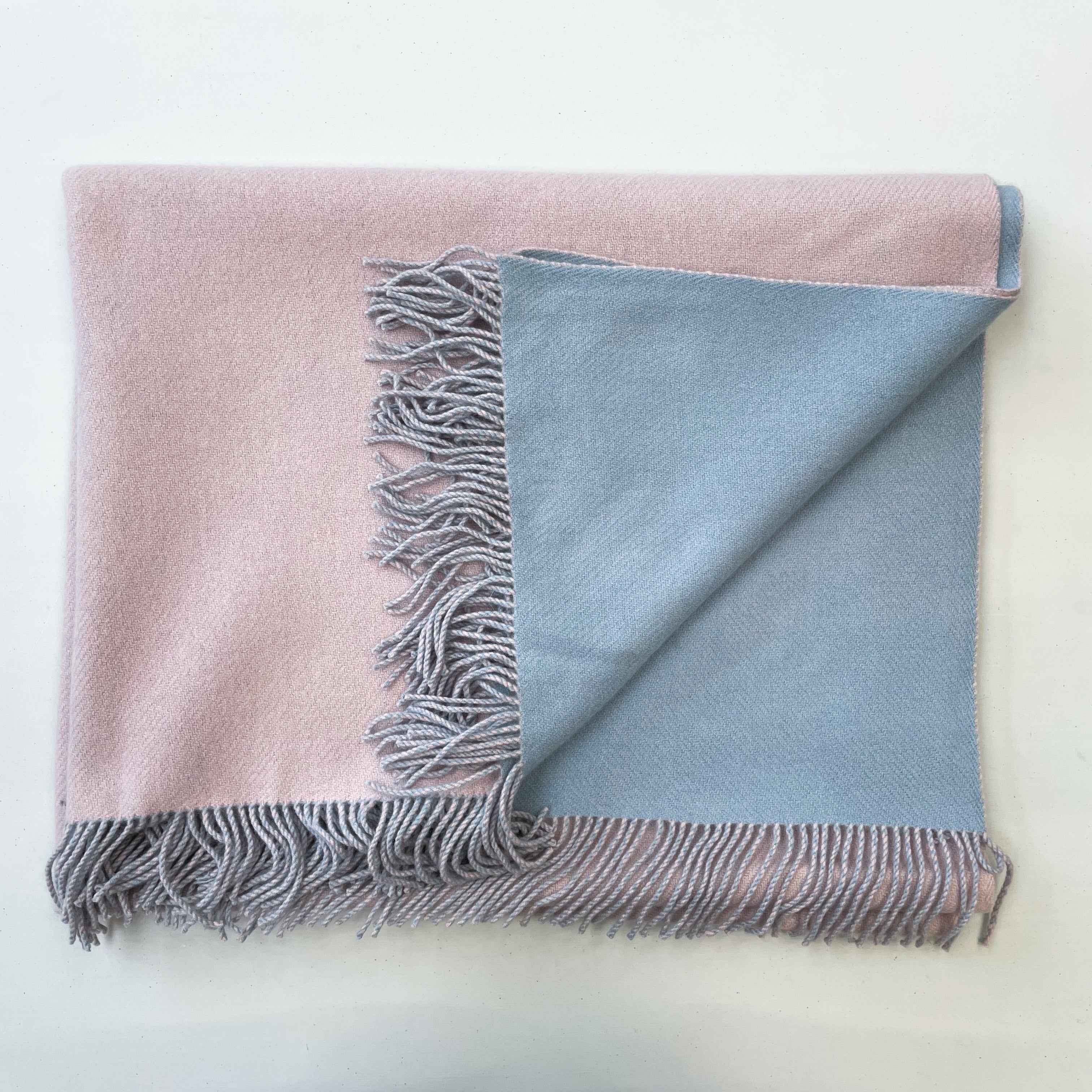 Sky Blue and Shell Pink Cashmere Fringed Woven Blanket Small