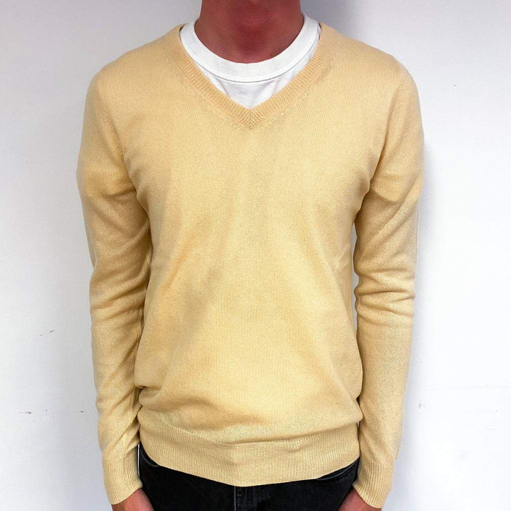 Men's Pale Apricot Cashmere V-Neck Jumper Small