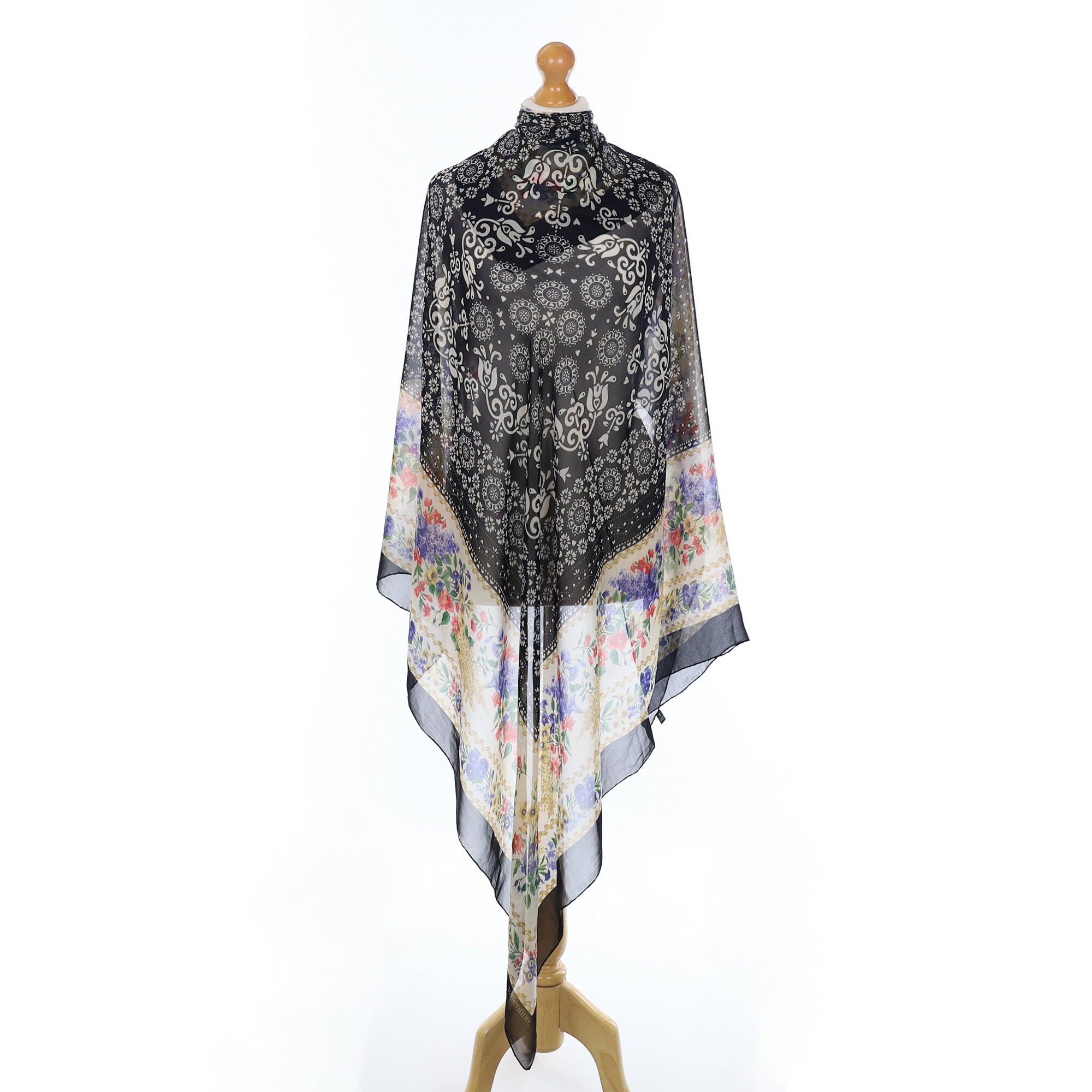 Valentino Floral and Black Silk Scarf