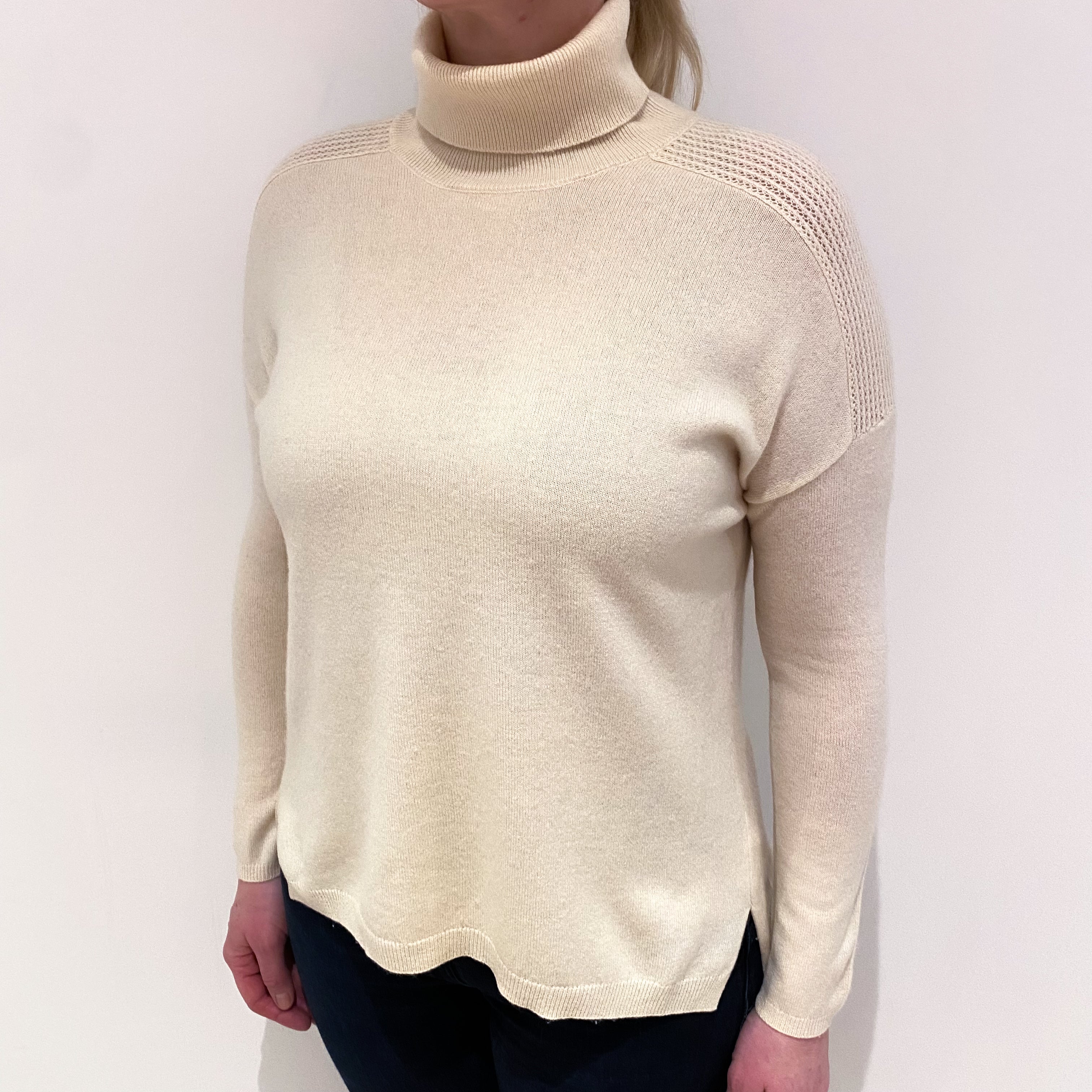 Cream Shoulder Lace Cashmere Polo Neck Jumper Large