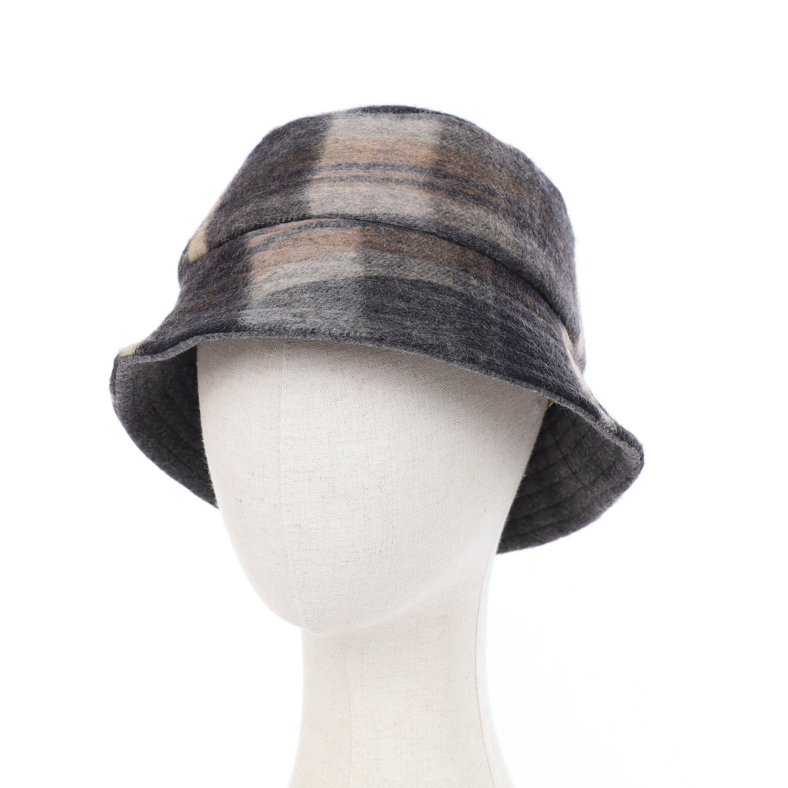 Grey and Brown Plaid Reversible Cashmere Bucket Hat Small