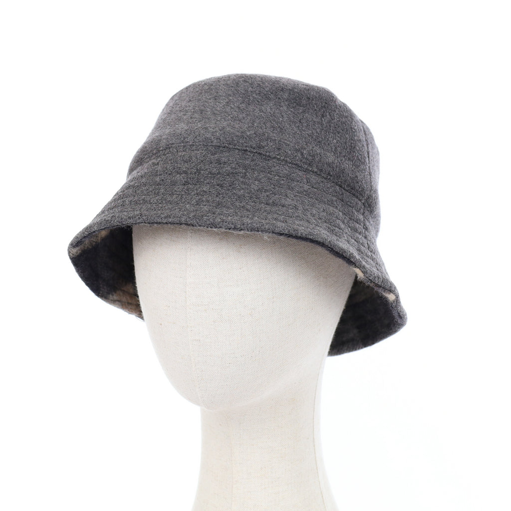 Grey and Brown Plaid Reversible Cashmere Bucket Hat Small
