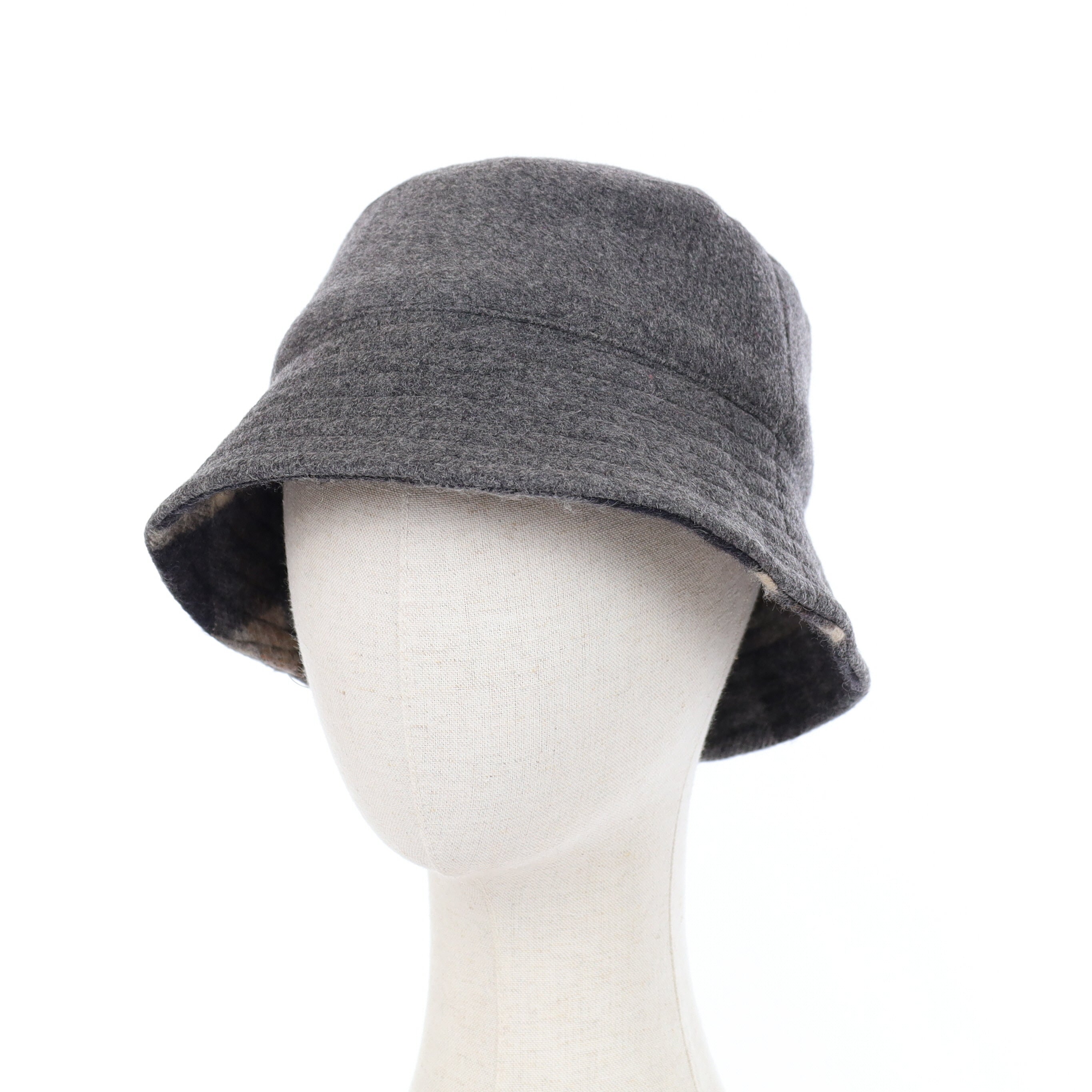 Grey and Brown Plaid Reversible Cashmere Bucket Hat Small