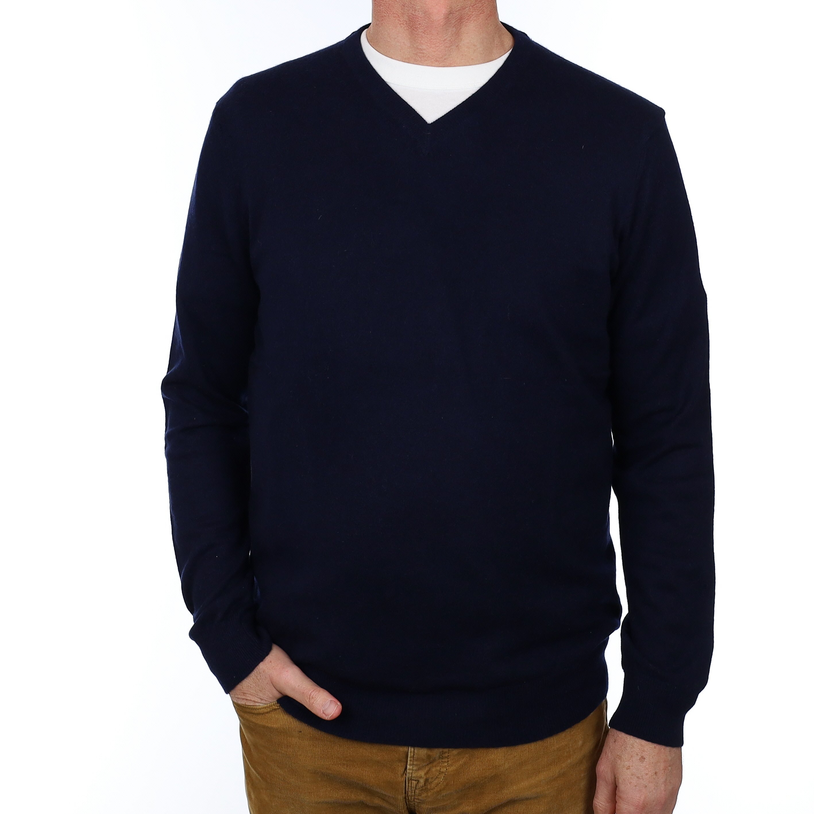 Men’s Navy Blue Cashmere V Neck Jumper Extra Large