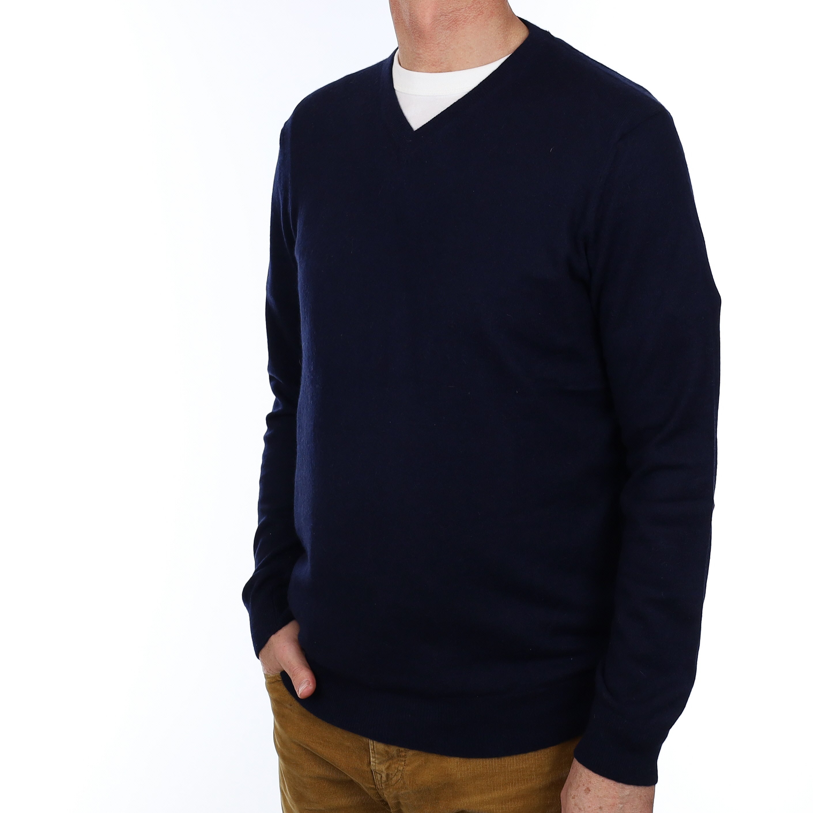 Men’s Navy Blue Cashmere V Neck Jumper Extra Large