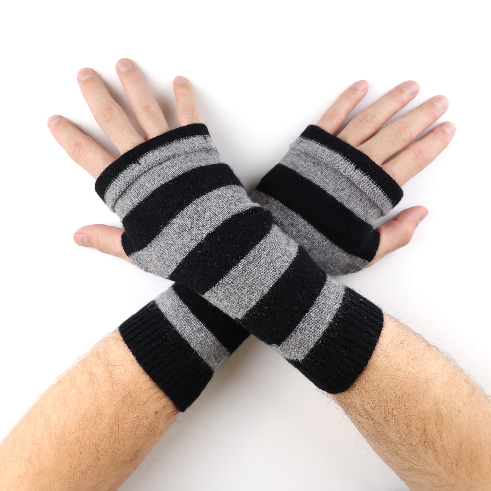 Men’s Black and Grey Striped Fingerless Gloves