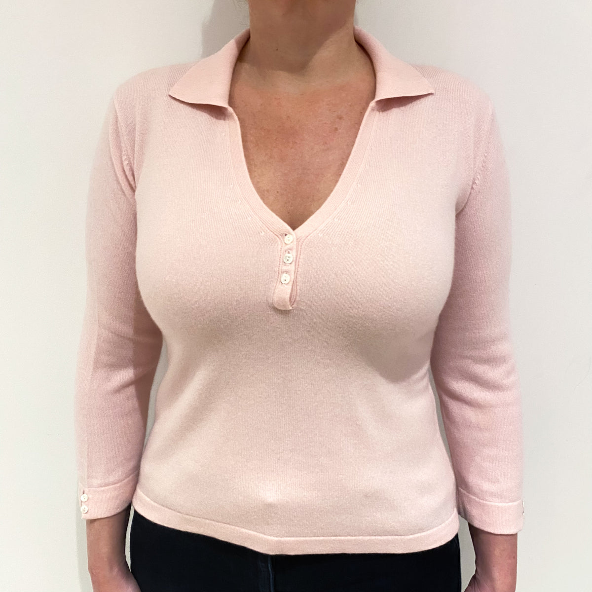 Shell Pink Cashmere Collared V-Neck Jumper Large