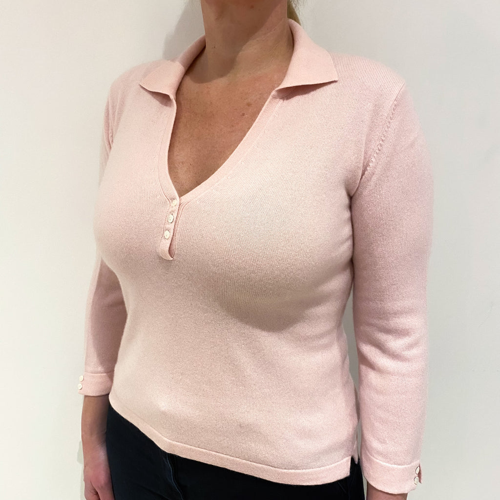 Shell Pink Cashmere Collared V-Neck Jumper Large