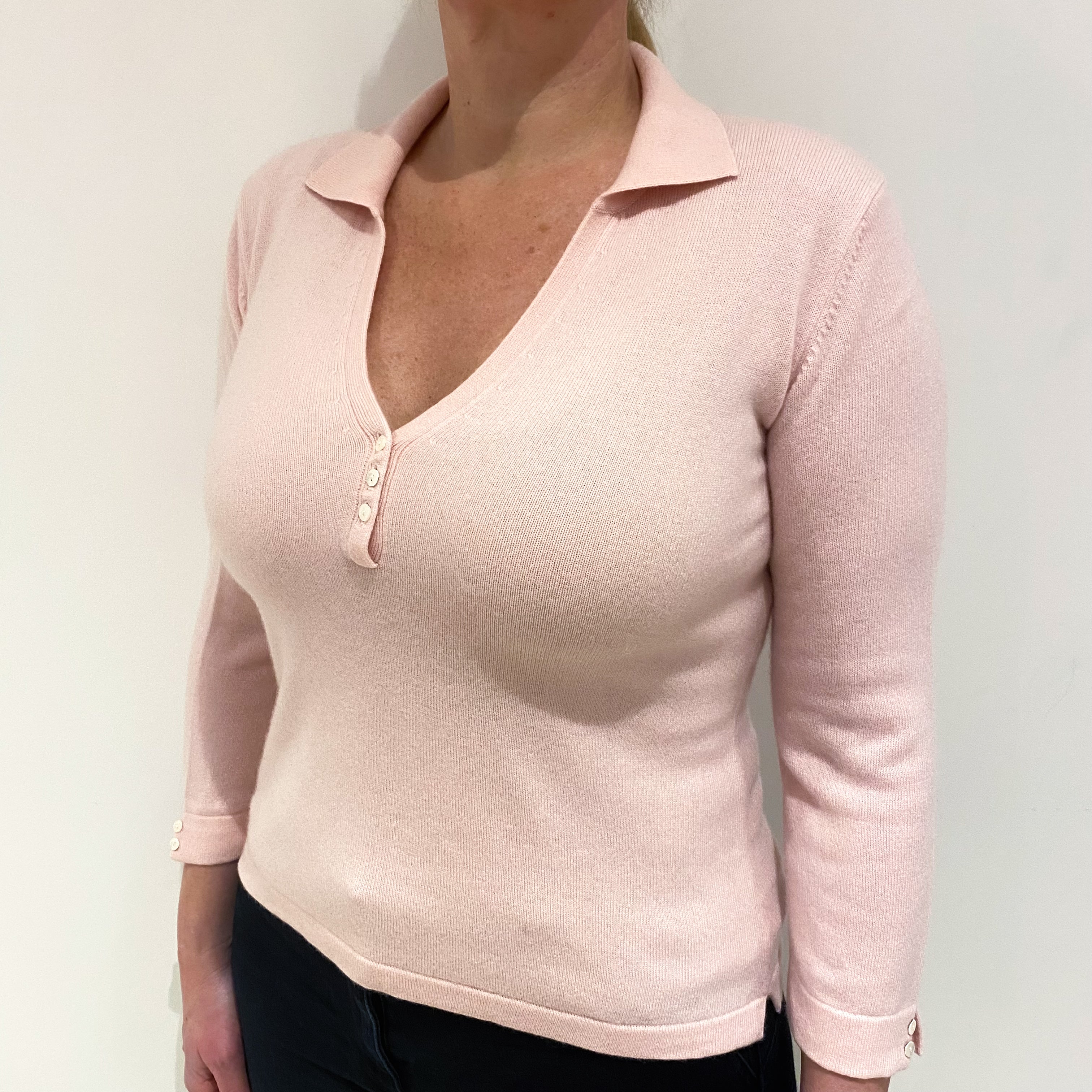 Shell Pink Cashmere Collared V-Neck Jumper Large