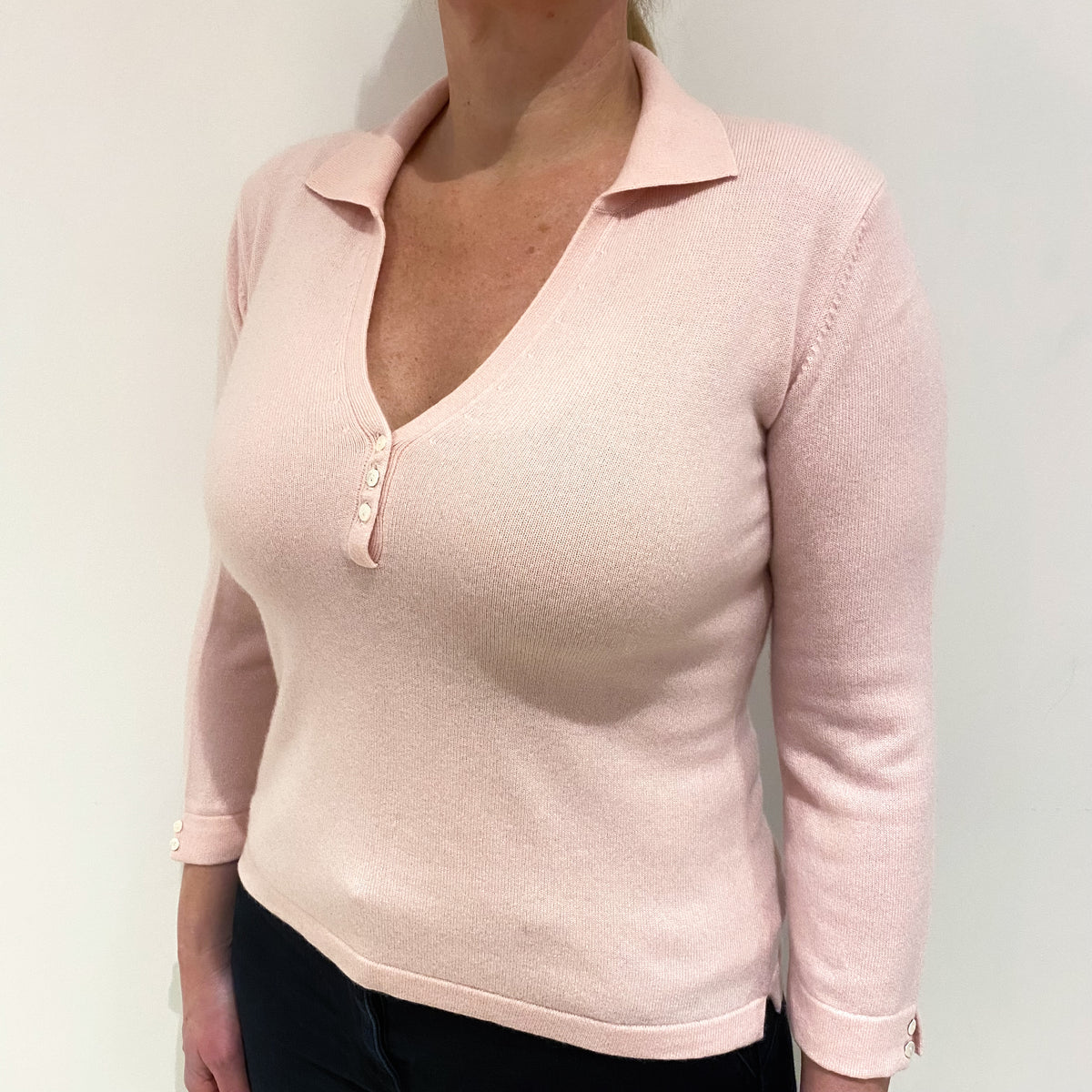 Shell Pink Cashmere Collared V-Neck Jumper Large