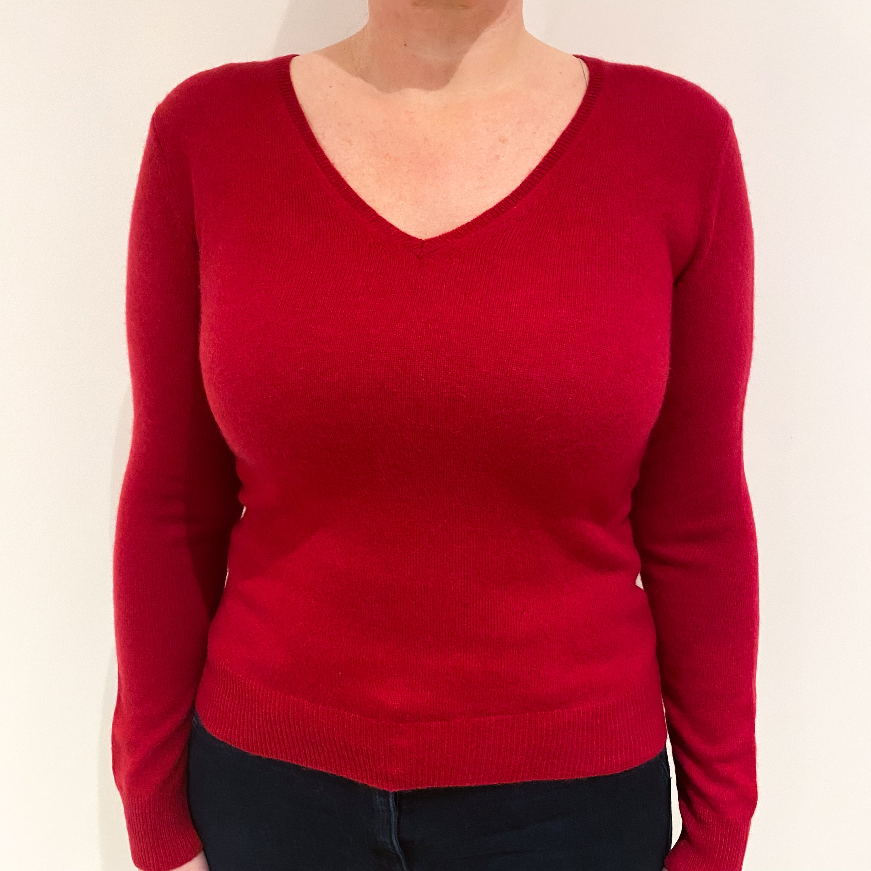Post Box Red Cashmere V-Neck Jumper Large