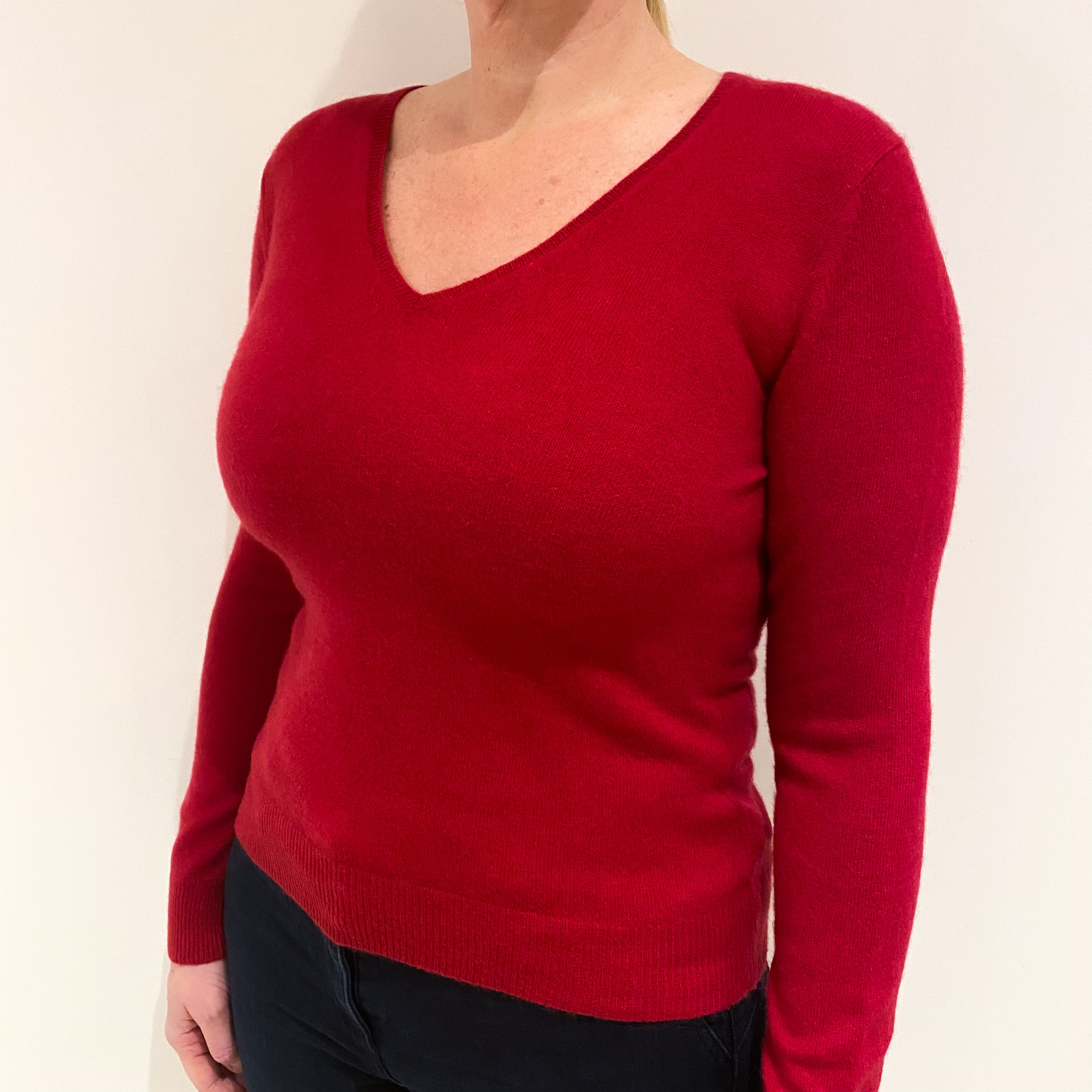Post Box Red Cashmere V-Neck Jumper Large