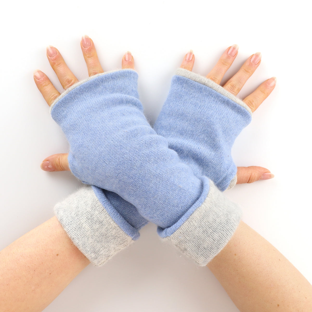 Sky Blue and Grey Reversible Fingerless Gloves