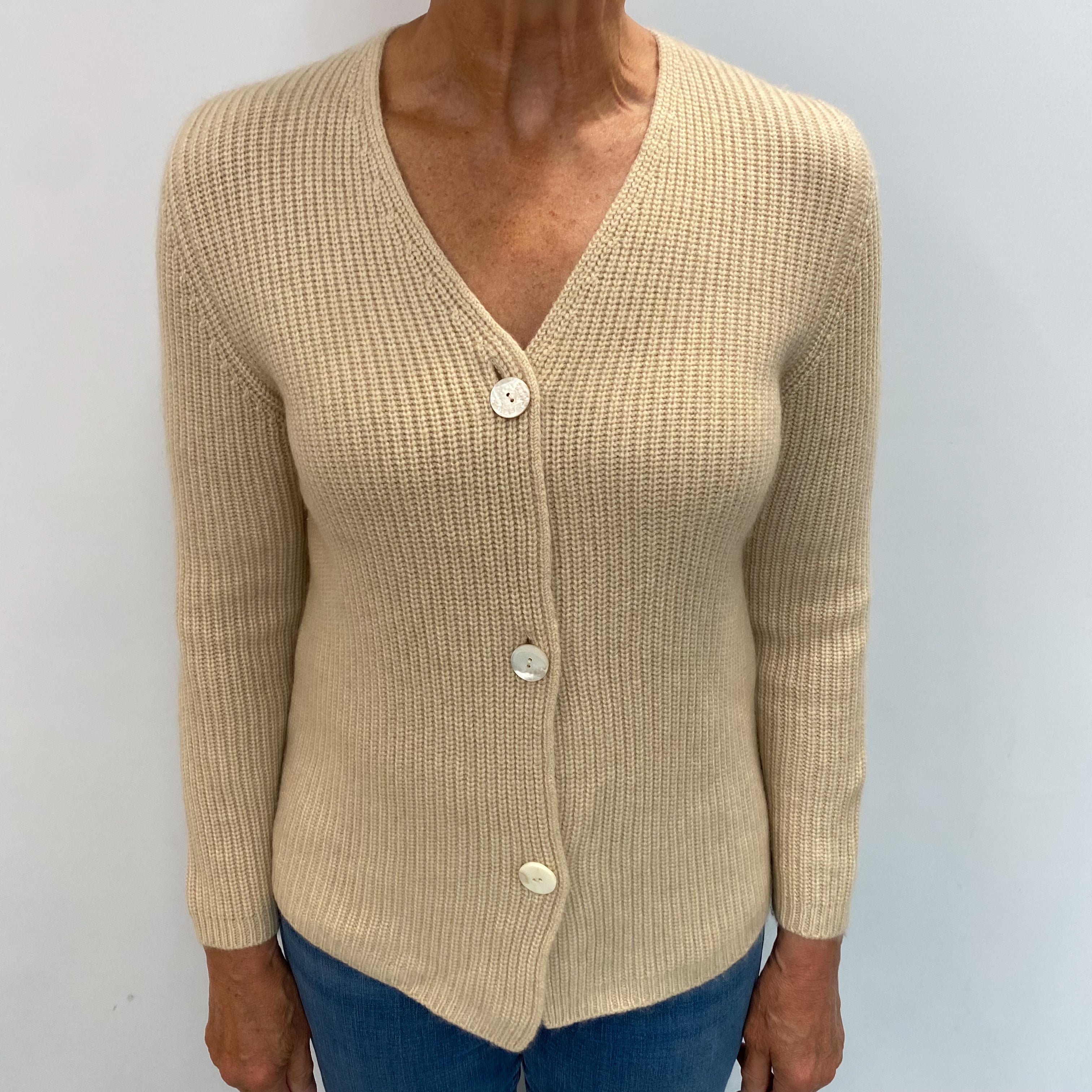 Sand Beige Cashmere V Neck Cardigan Medium