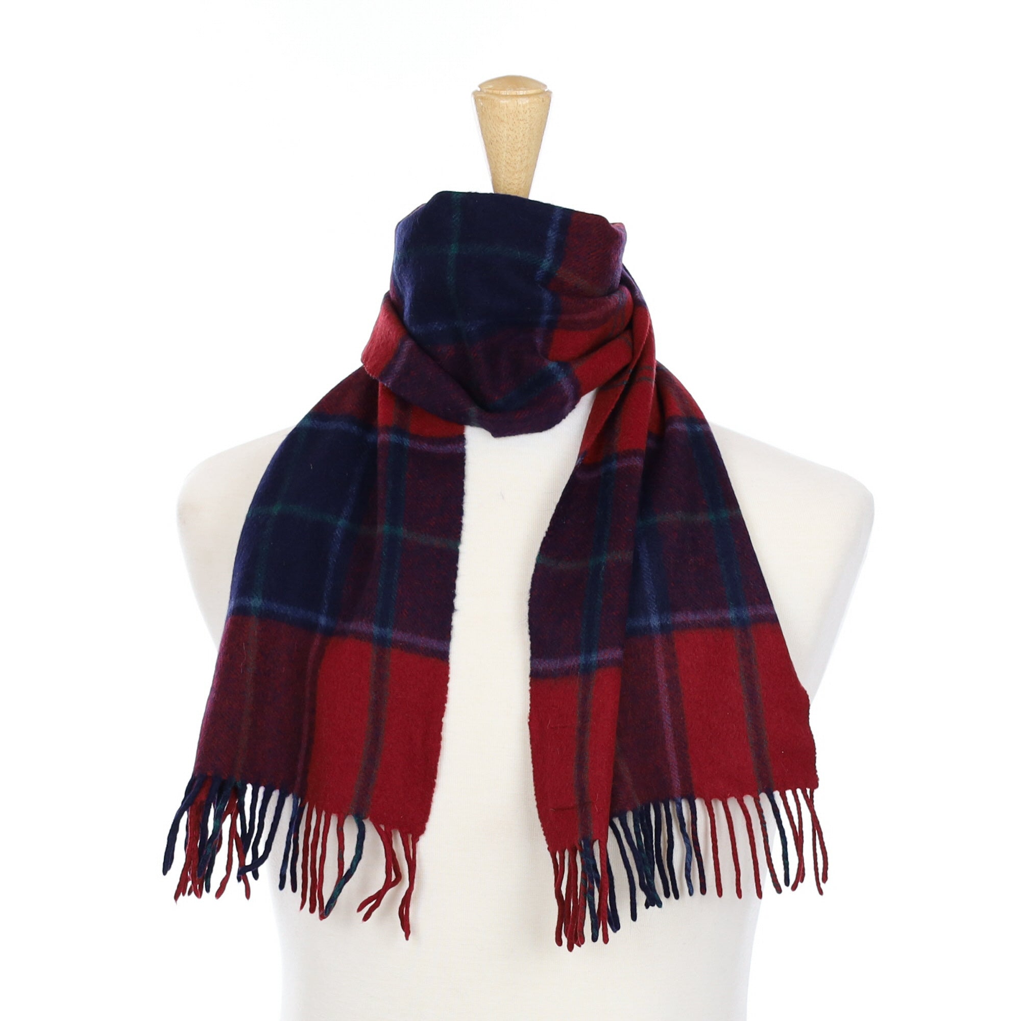 Navy and Crimson Checked Cashmere Fringed Woven Scarf