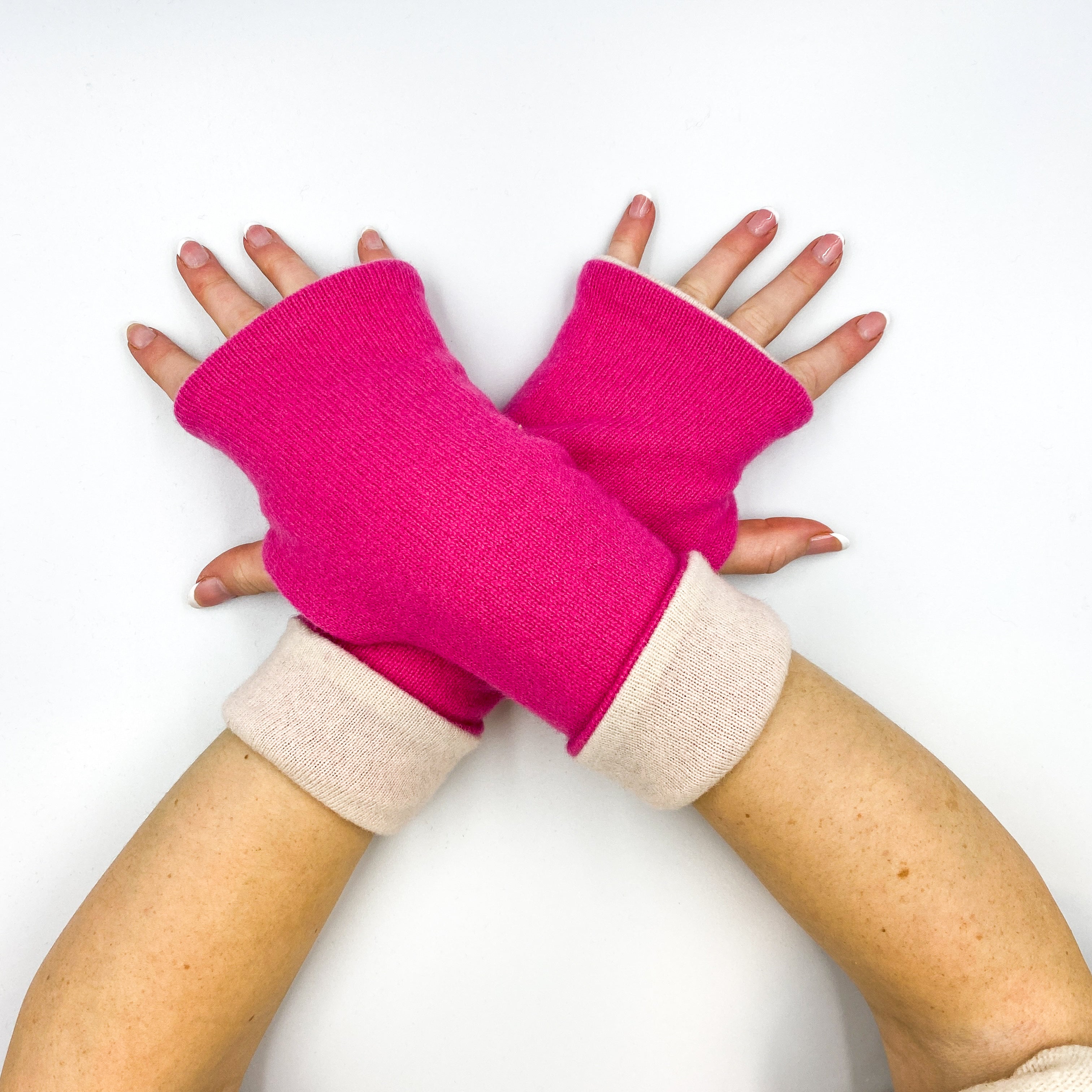 Hot Pink and Neutral Reversible Cashmere Fingerless Gloves