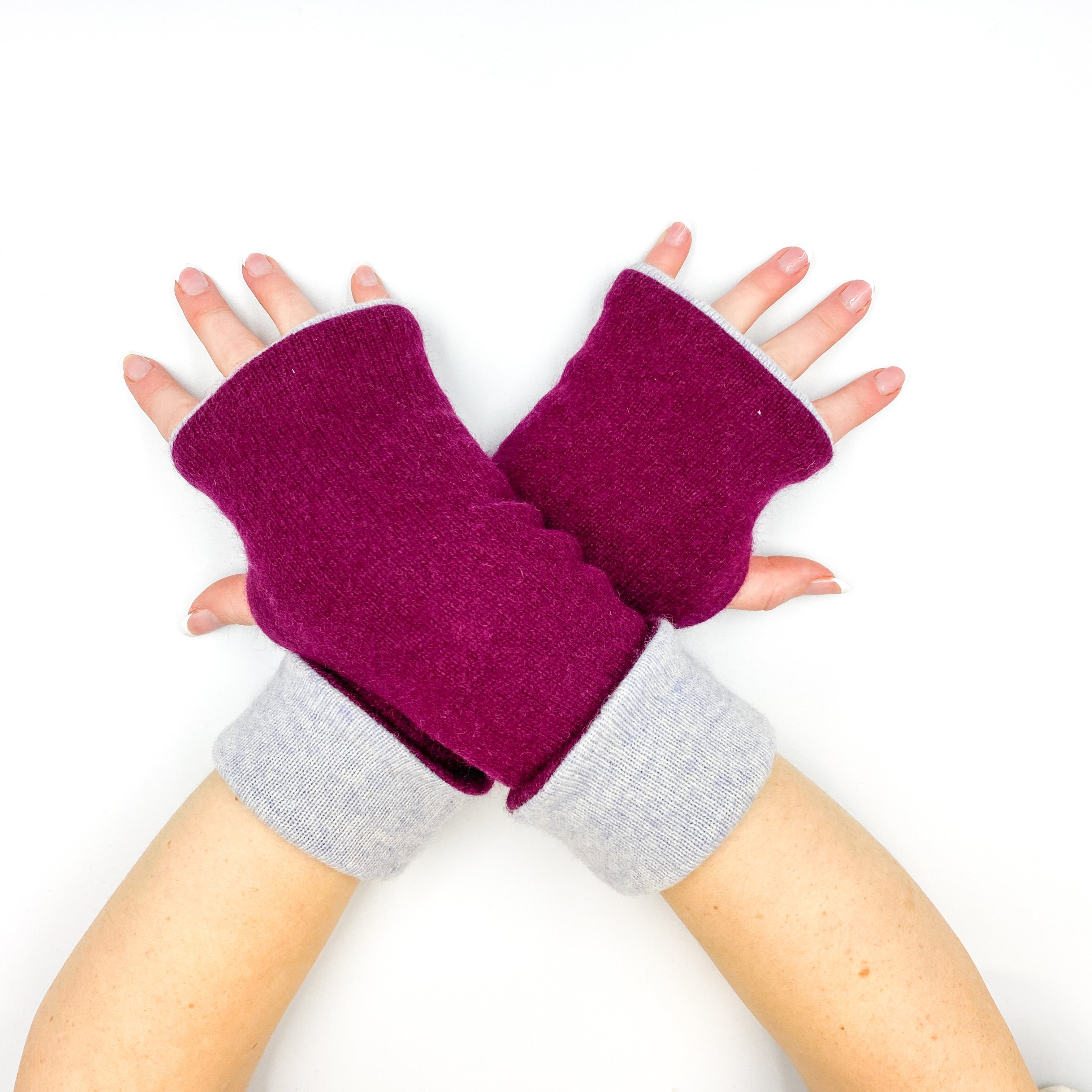 Mulberry Purple and Frost Blue Reversible Cashmere Fingerless Gloves