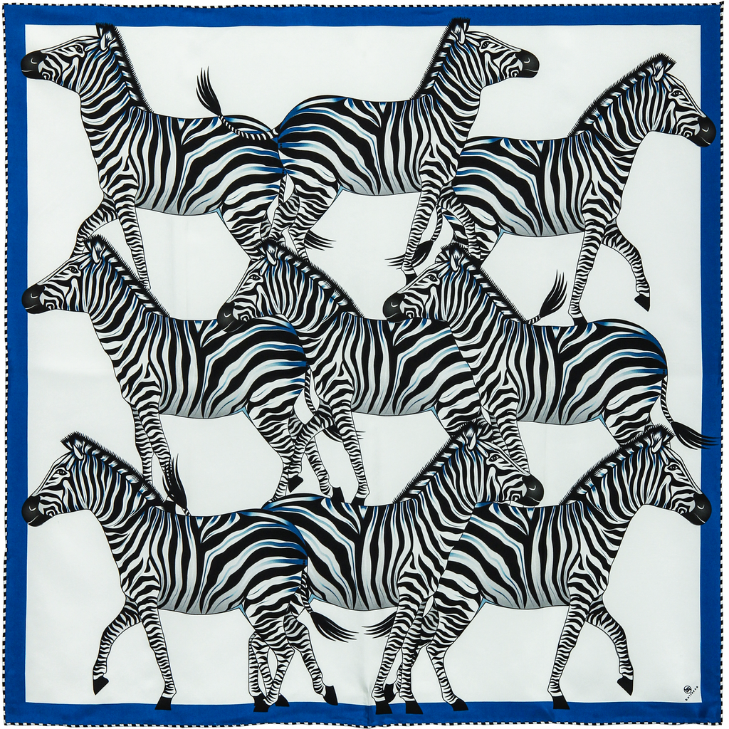 Brand New Bellezza Cobalt & Aqua Zebra Double Faced Silk Scarf Extra Large