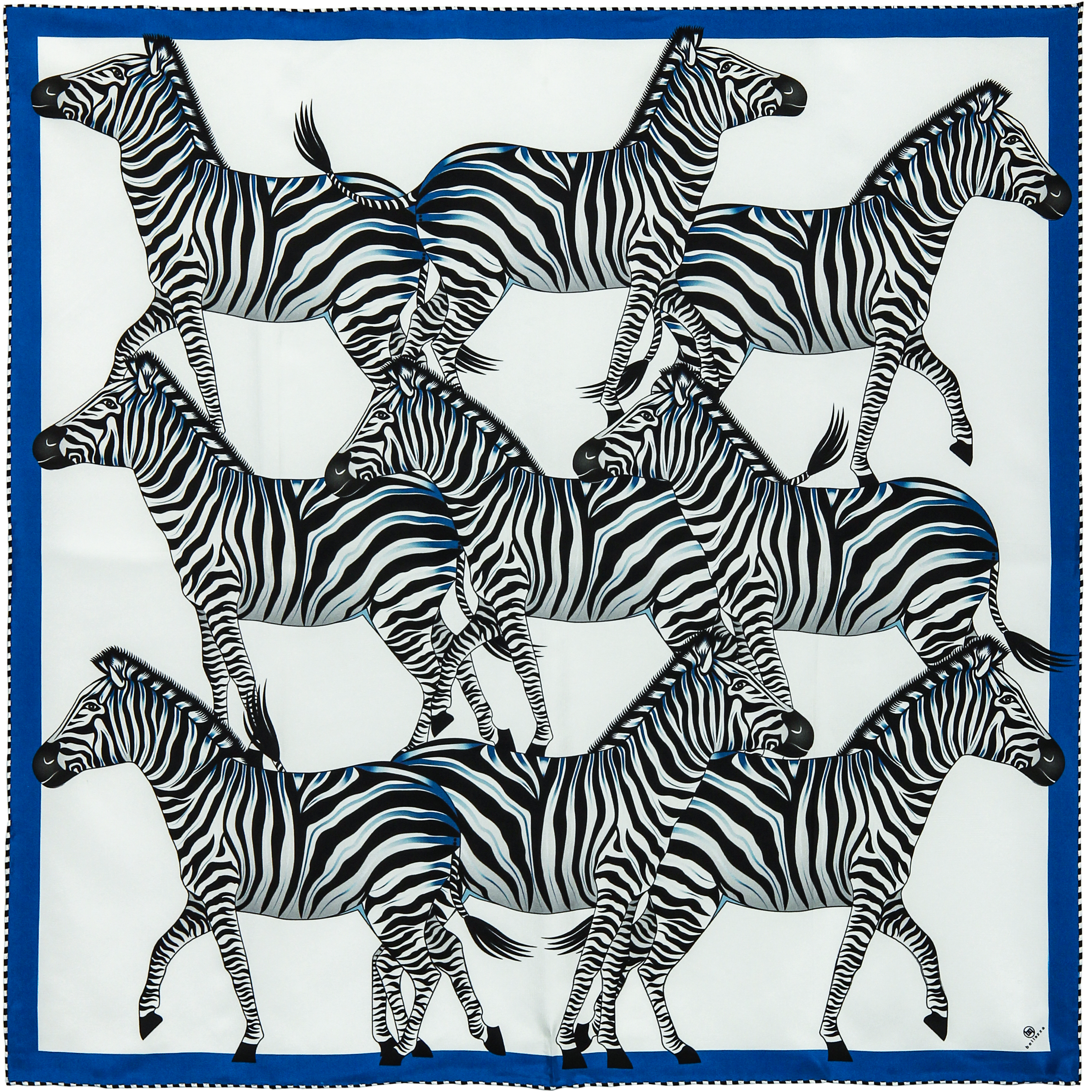 Brand New Bellezza Cobalt & Aqua Zebra Double Faced Silk Scarf Extra Large