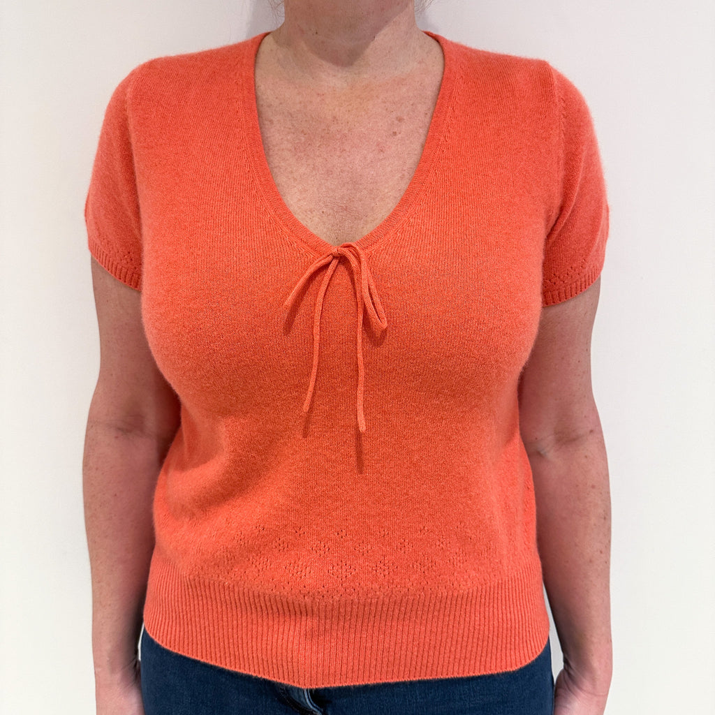 Coral Orange Short Sleeve Cashmere V-Neck Jumper Large