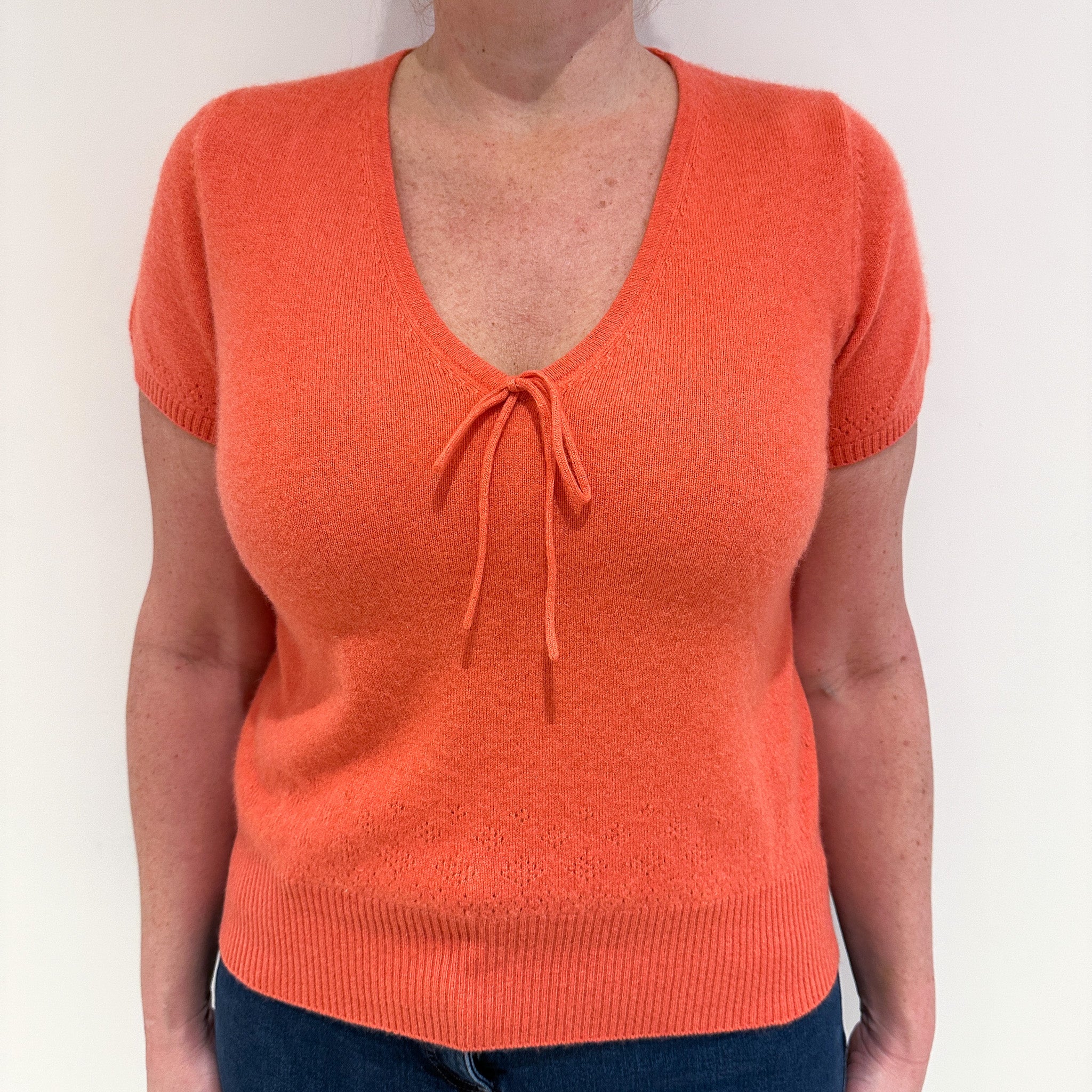 Coral Orange Short Sleeve Cashmere V-Neck Jumper Large