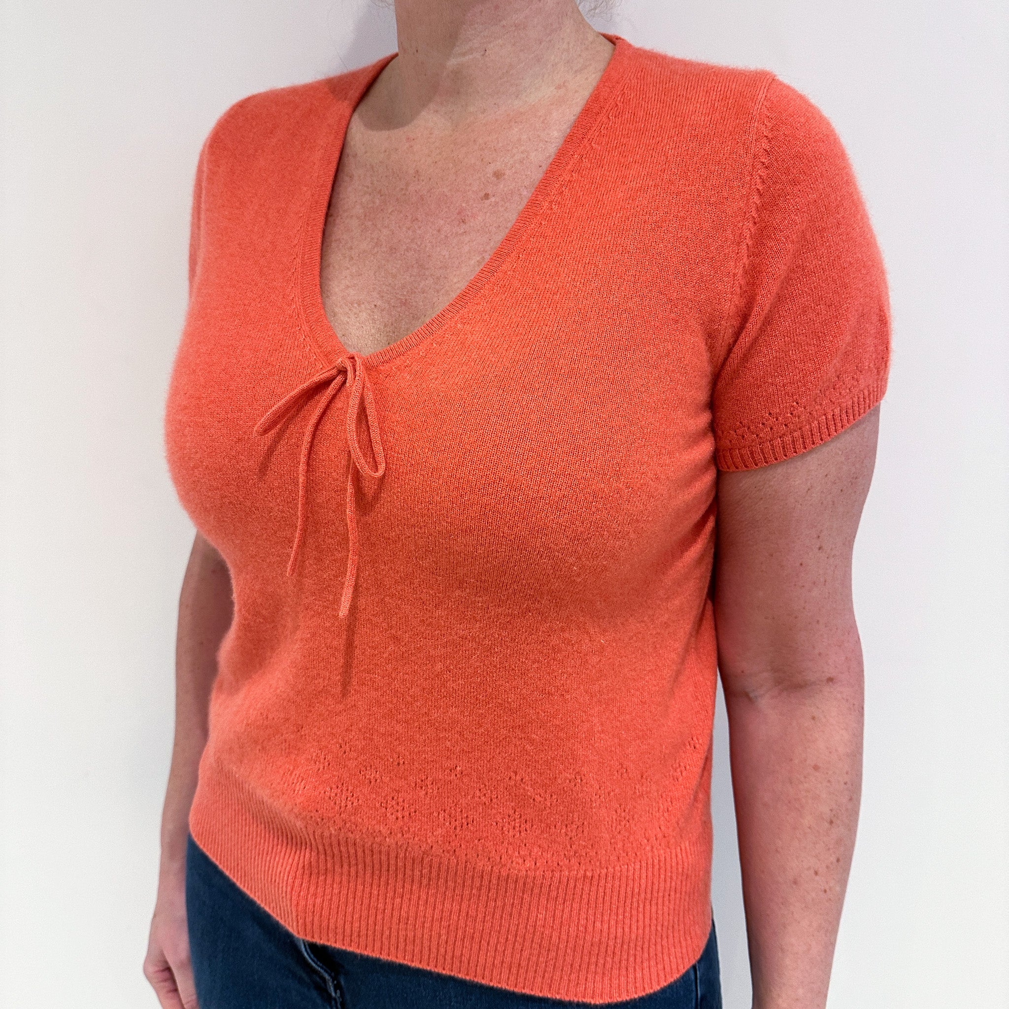 Coral Orange Short Sleeve Cashmere V-Neck Jumper Large