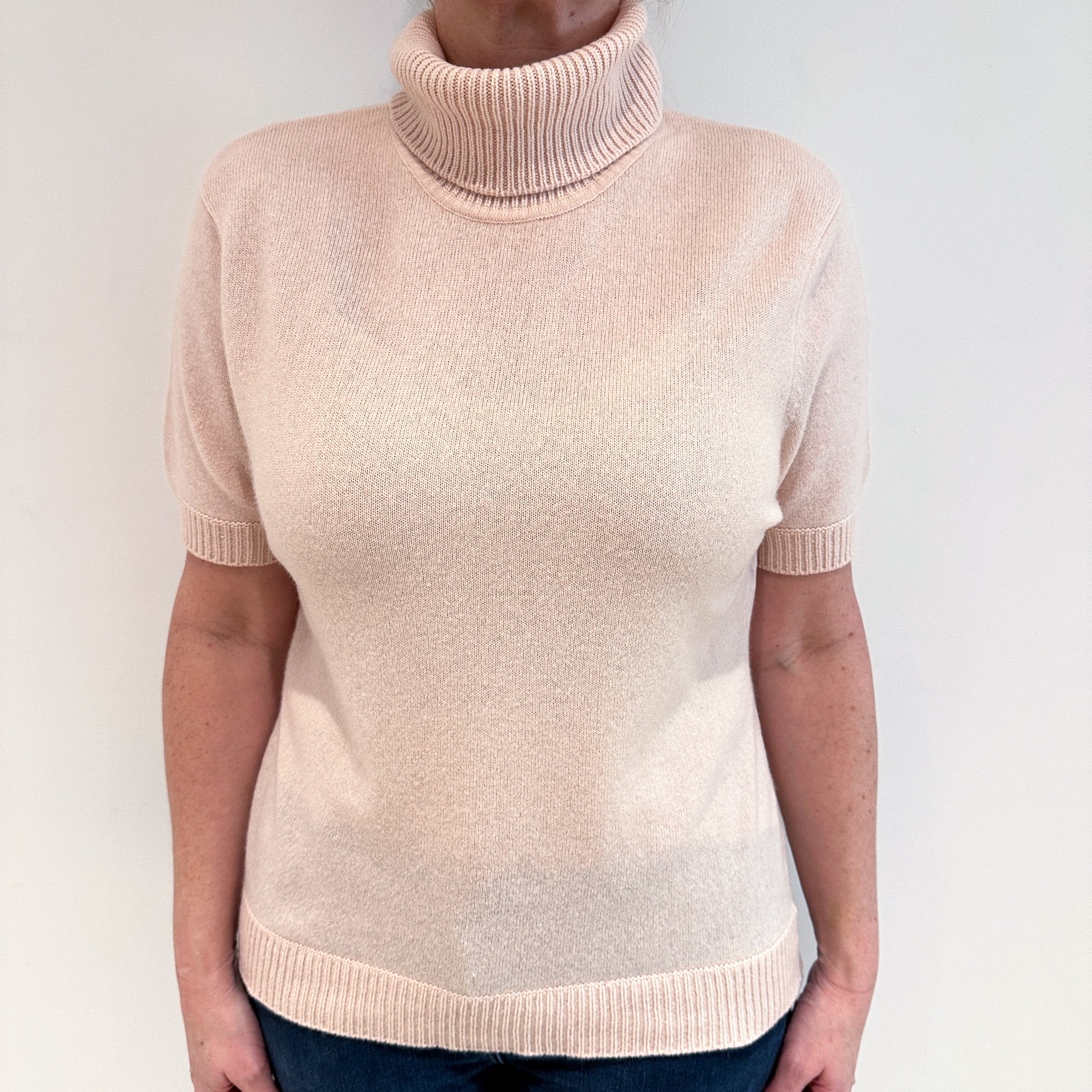 Shell Pink Short Sleeve Cashmere Polo Neck Jumper Large
