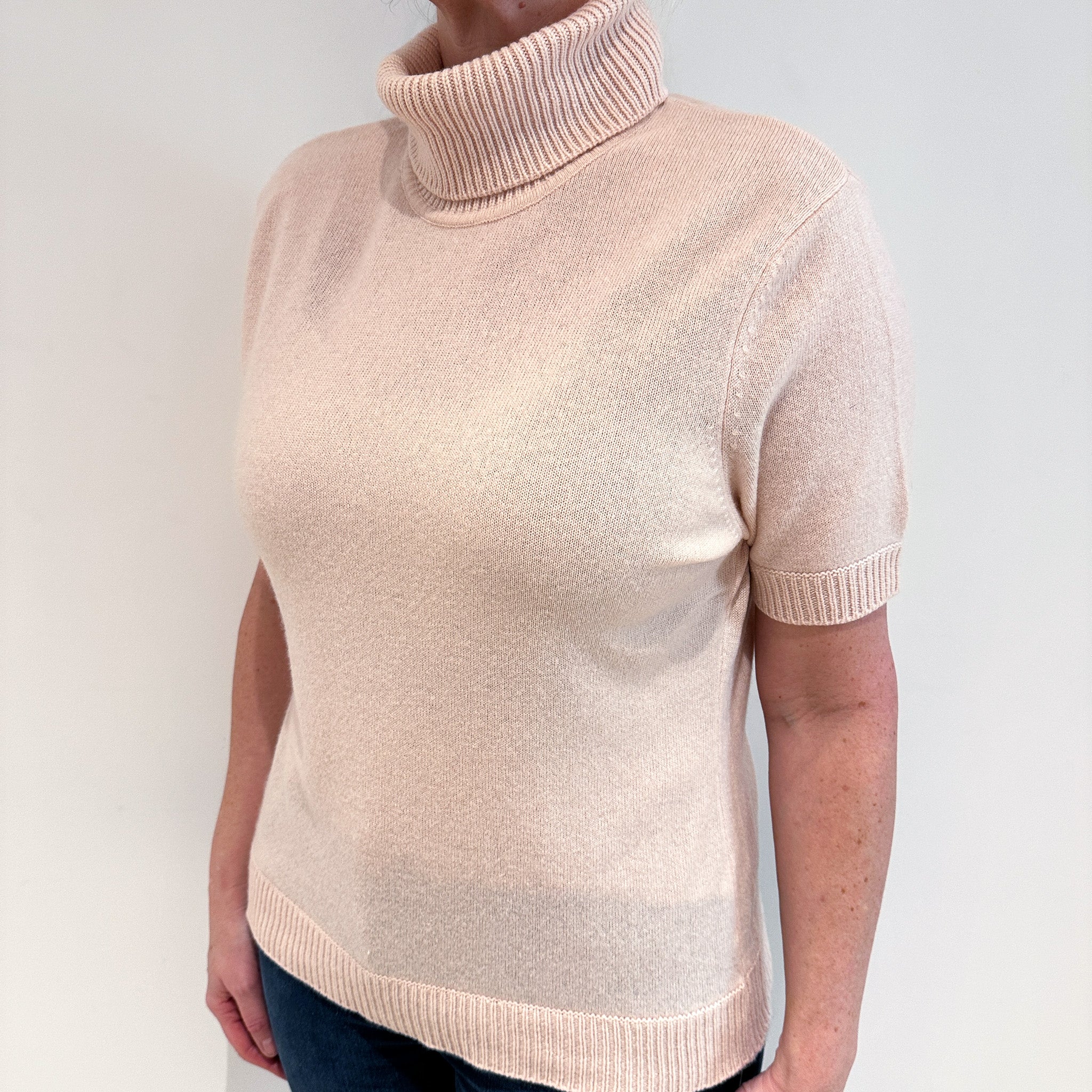 Shell Pink Short Sleeve Cashmere Polo Neck Jumper Large
