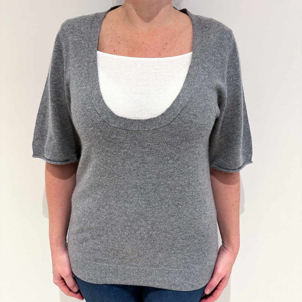 Steel Grey Short Sleeve Cashmere Scoop Neck Jumper Large