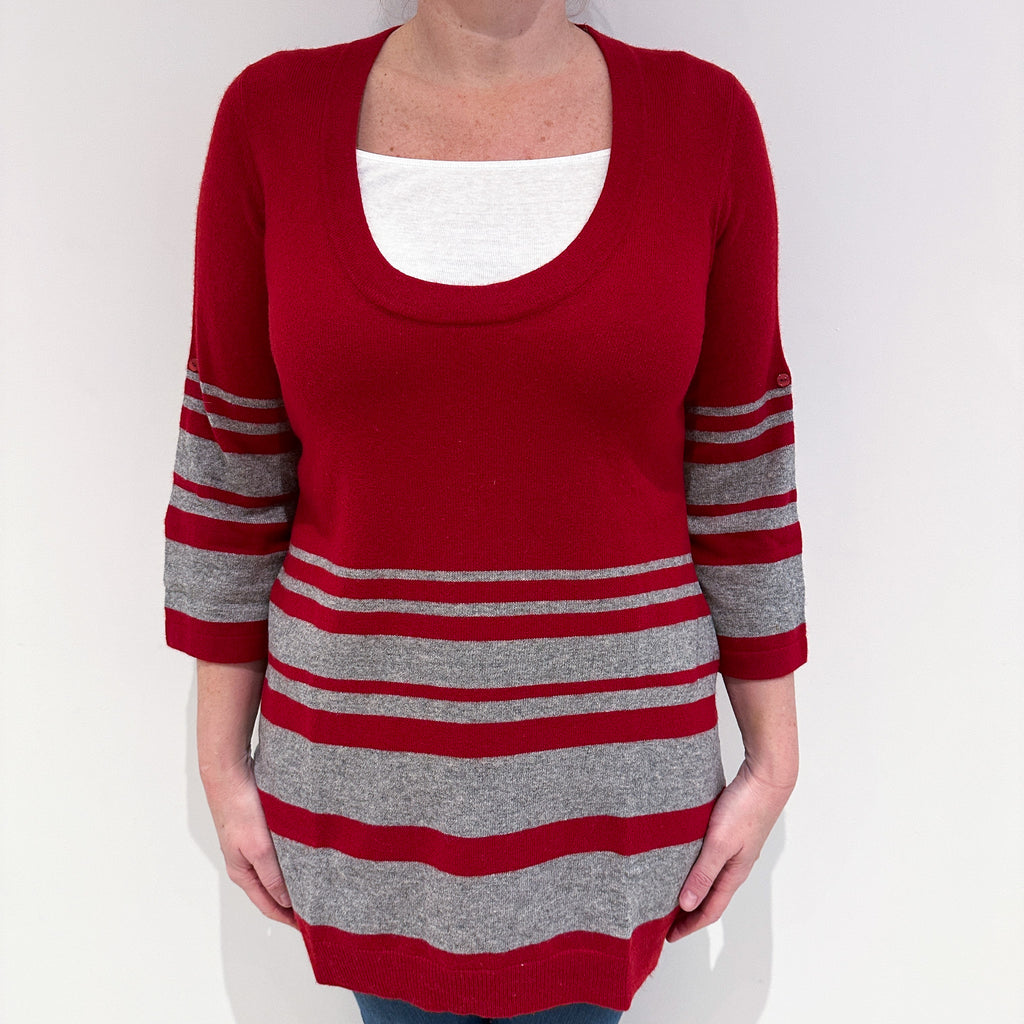 Red Grey Stripe Cashmere Scoop Neck Jumper Large