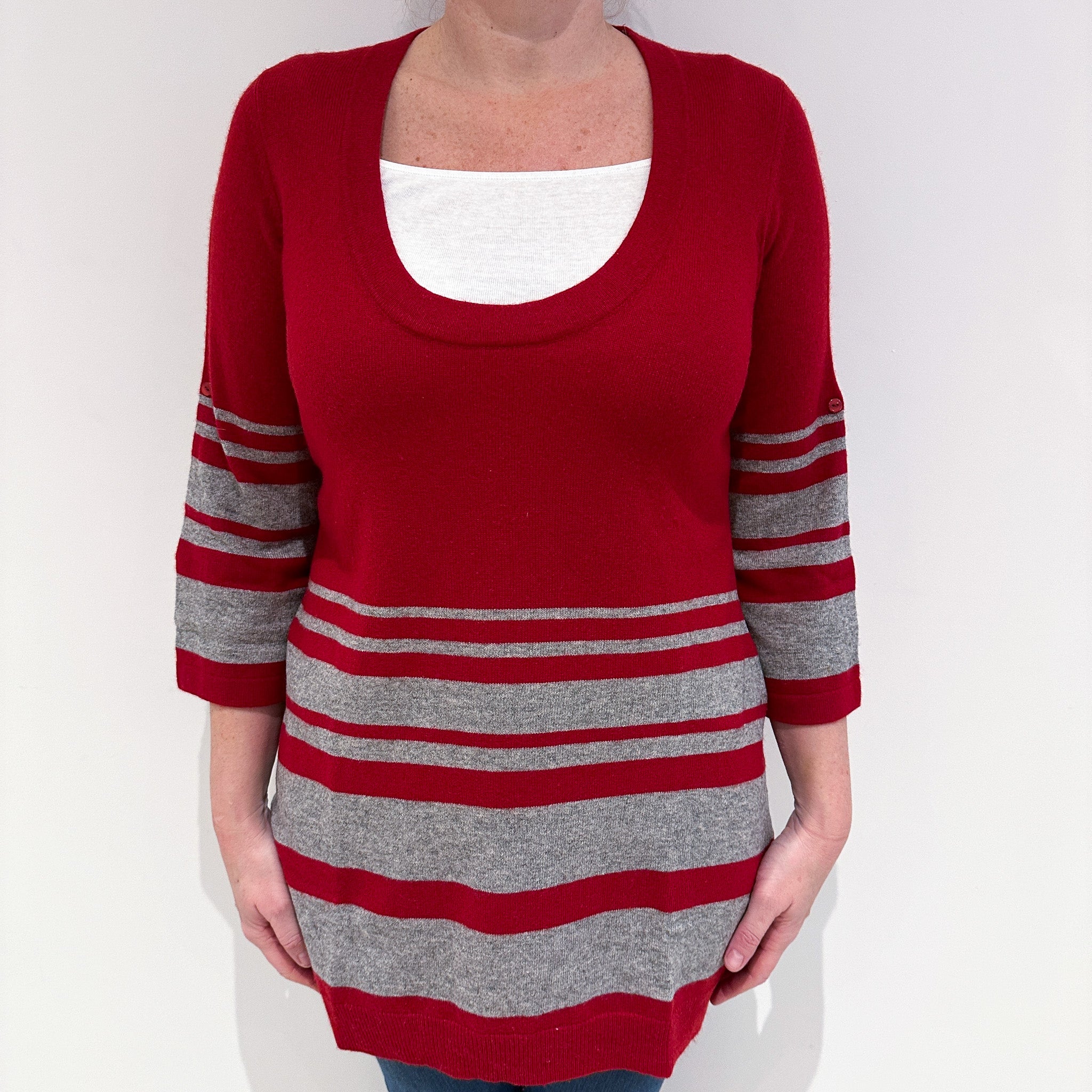 Red Grey Stripe Cashmere Scoop Neck Jumper Large